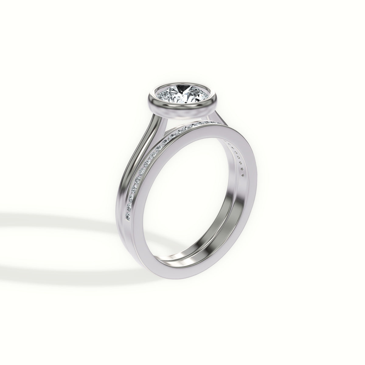 Classic Bezel Set Cathedral Solitaire Engagement Ring with Matching Channel Diamond Wedding Band - Bridal Set