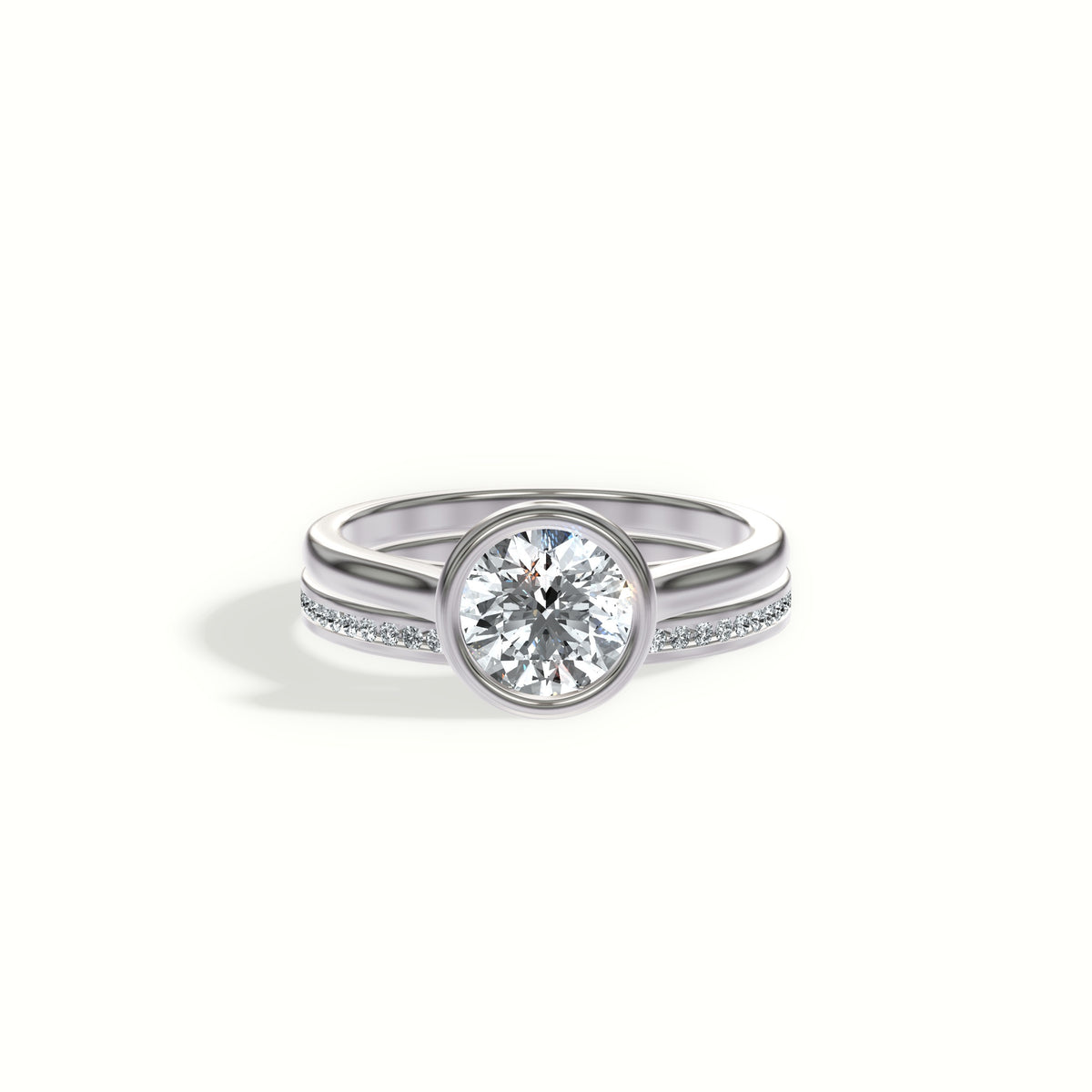 Classic Bezel Set Cathedral Solitaire Engagement Ring with Matching Channel Diamond Wedding Band - Bridal Set