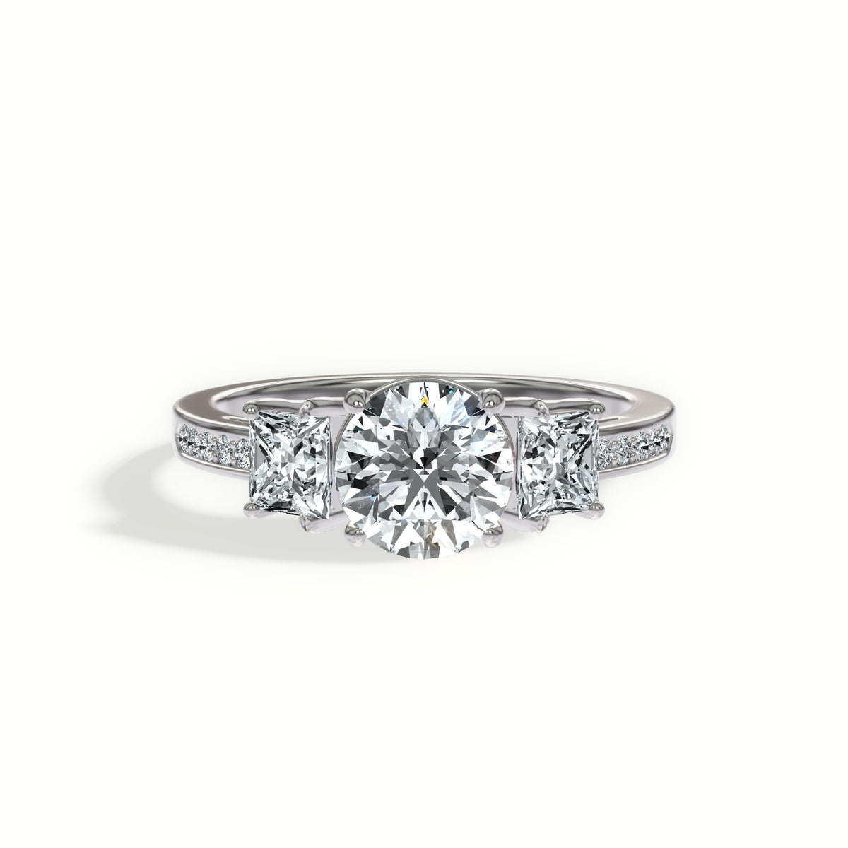 Princess Accent Three Stone Engagement Ring with Pavé Channel Shoulders