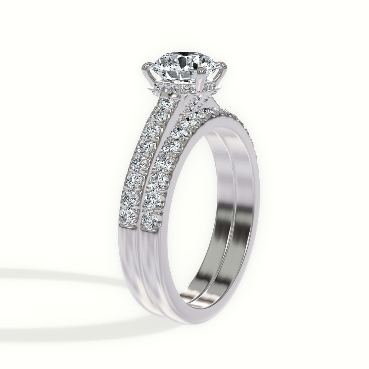 Straight Band Pavé Diamond Bridal Set with Hidden Halo