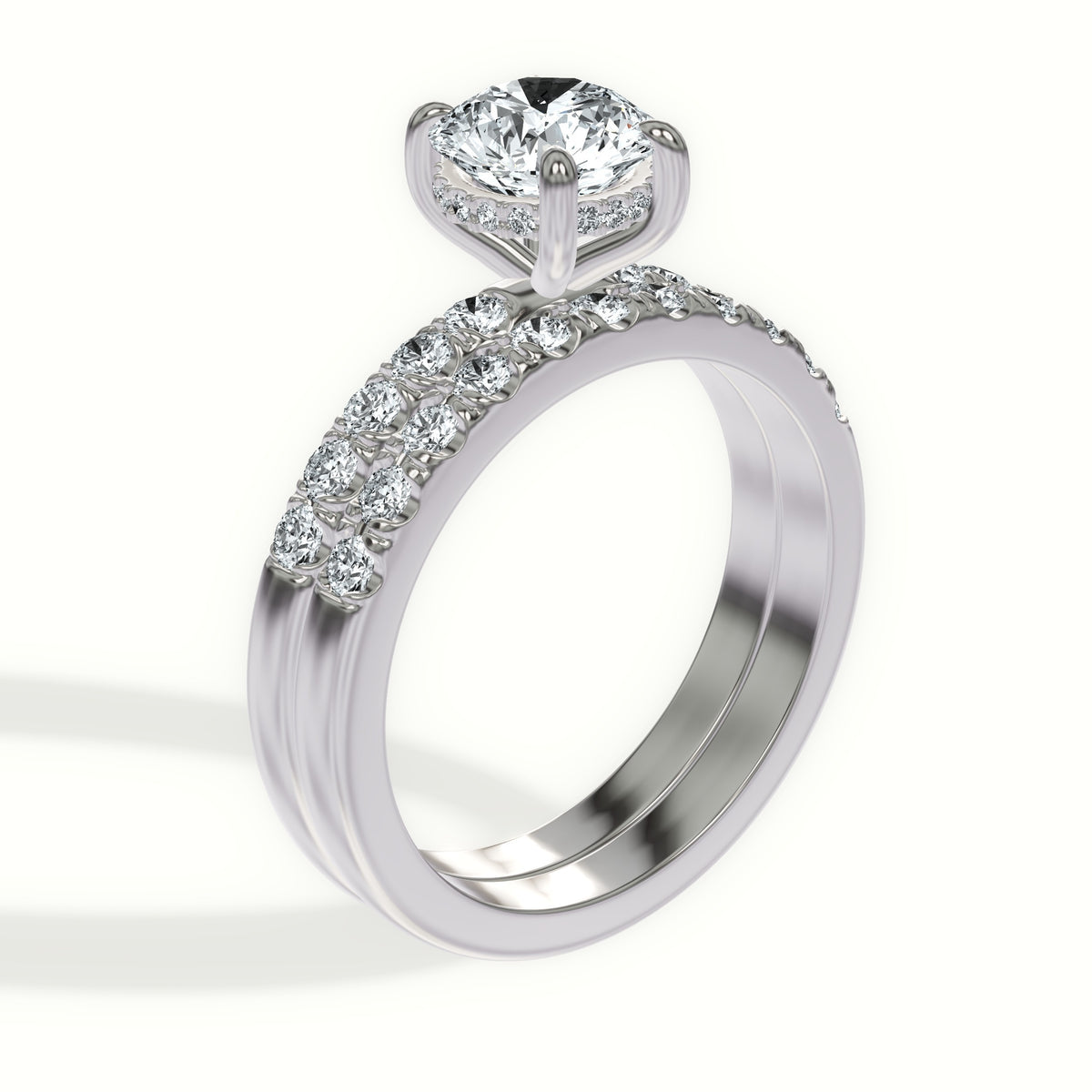 French Pavé Diamond Bridal Set with Hidden Halo