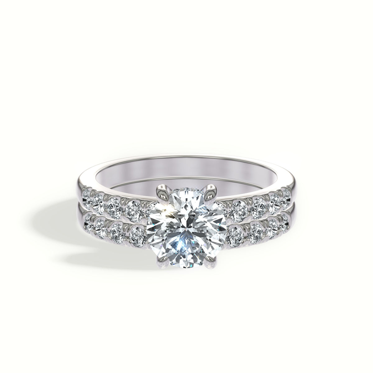 French Pavé Diamond Bridal Set with Hidden Halo