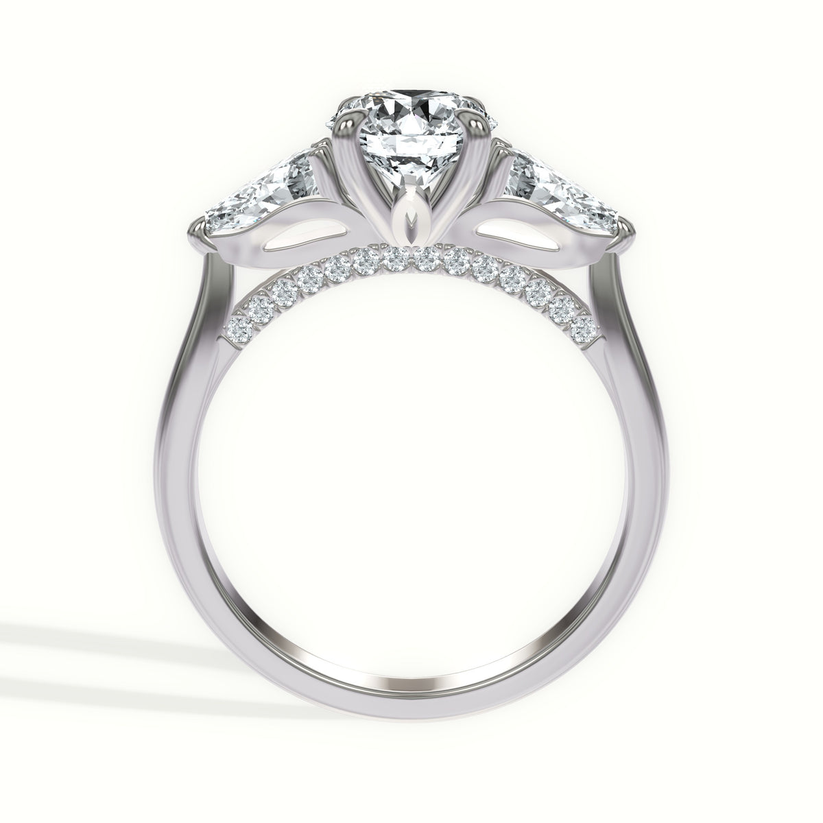 Sculpted Pear Three Stone Engagement Ring with Pavé Bridge