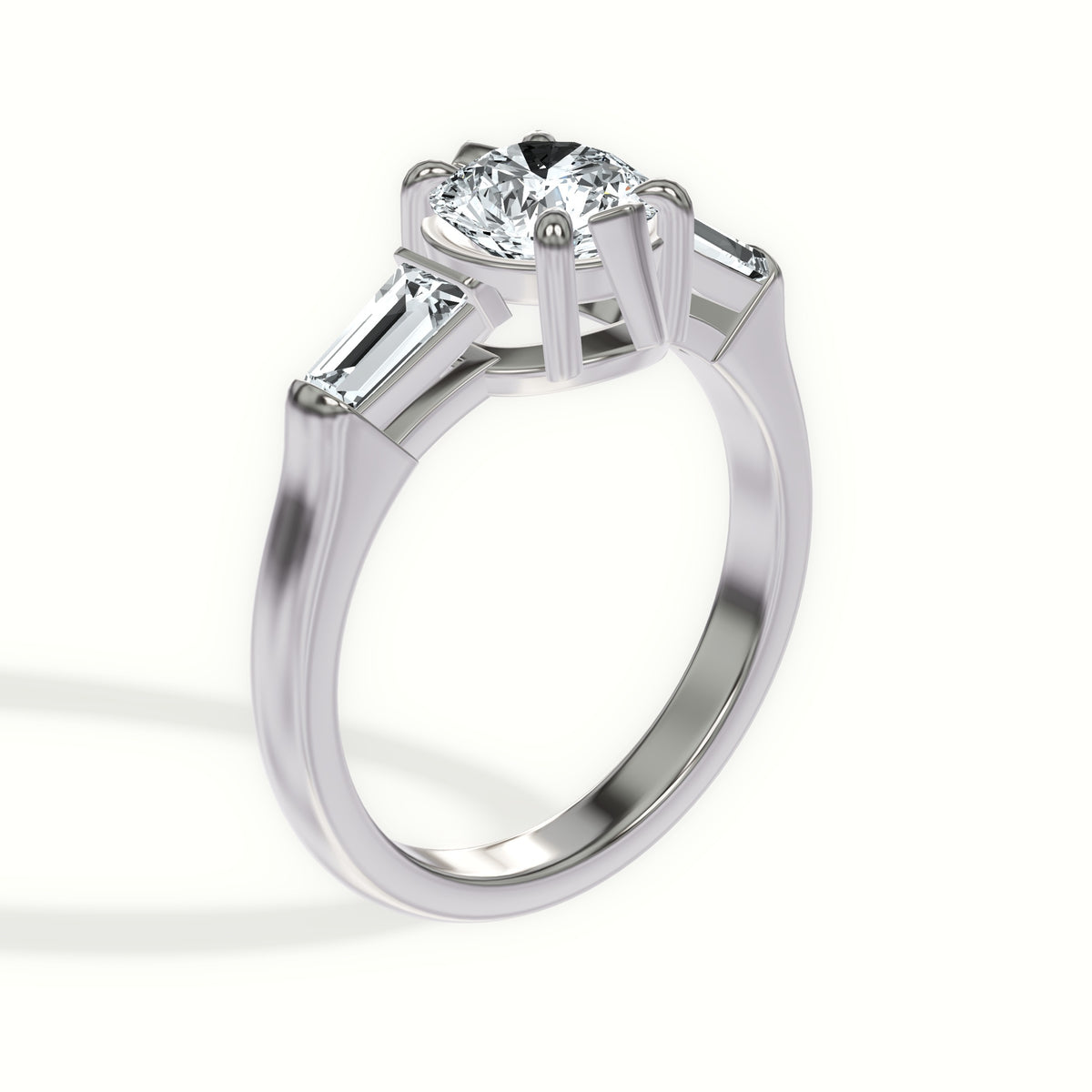 Tapered Baguette Three Stone Engagement Ring with Sculpted Gallery