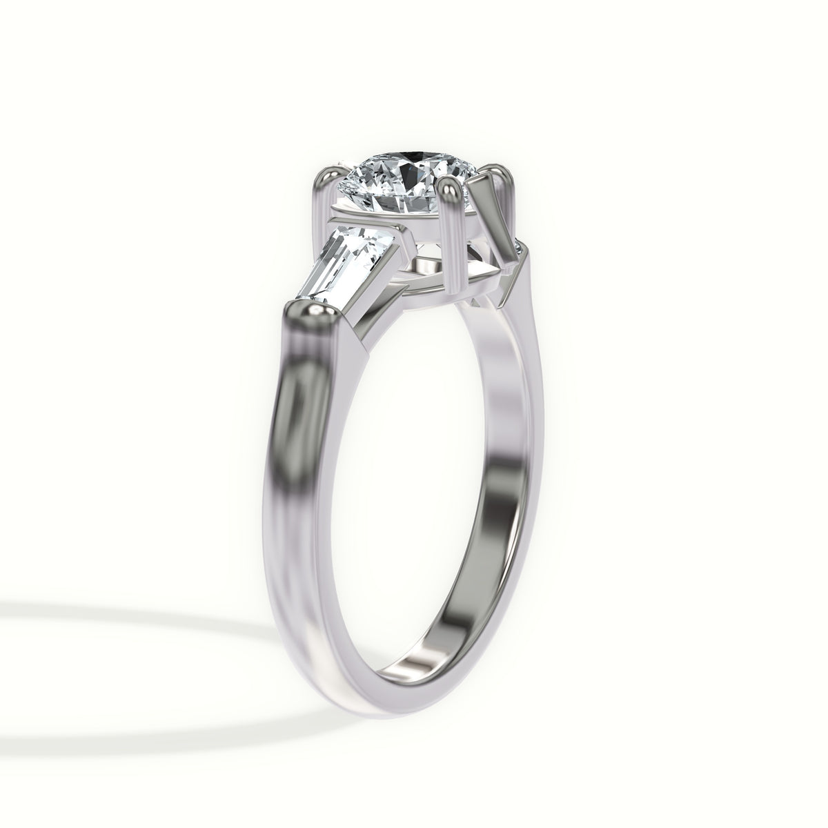 Tapered Baguette Three Stone Engagement Ring with Sculpted Gallery