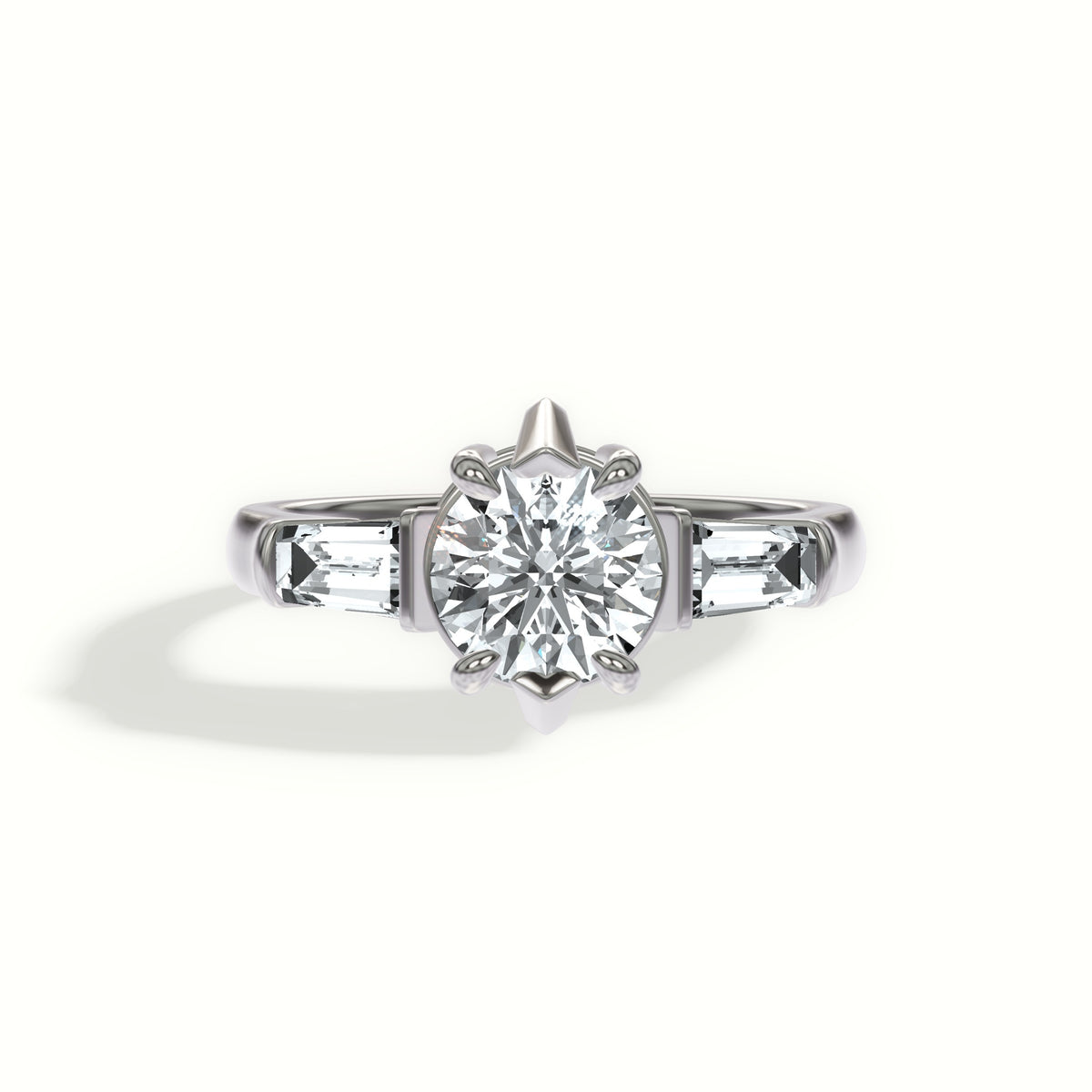 Tapered Baguette Three Stone Engagement Ring with Sculpted Gallery