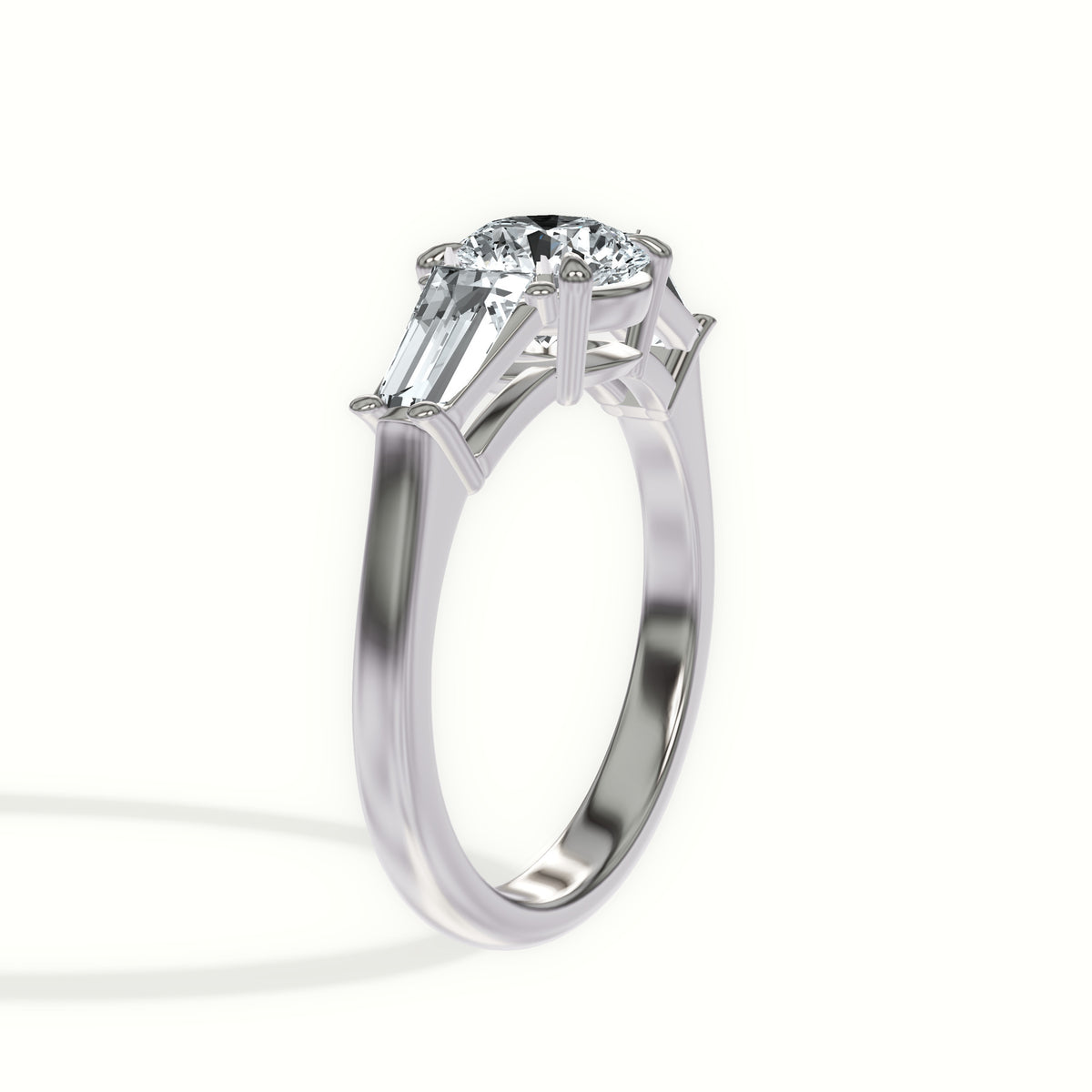Tapered Baguette Accent Three Stone Engagement Ring