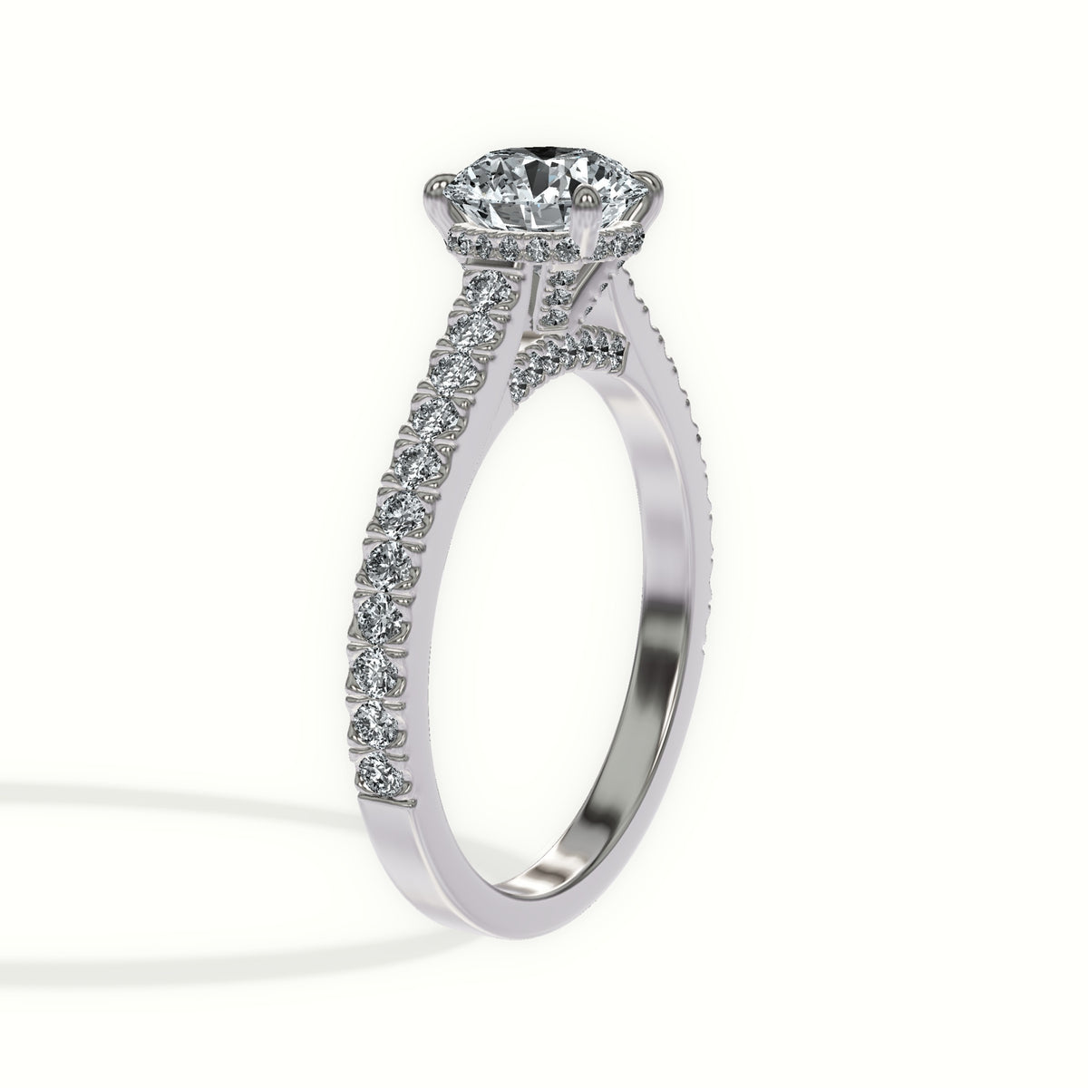 Cathedral Pavé Bridge Engagement Ring with Hidden Halo