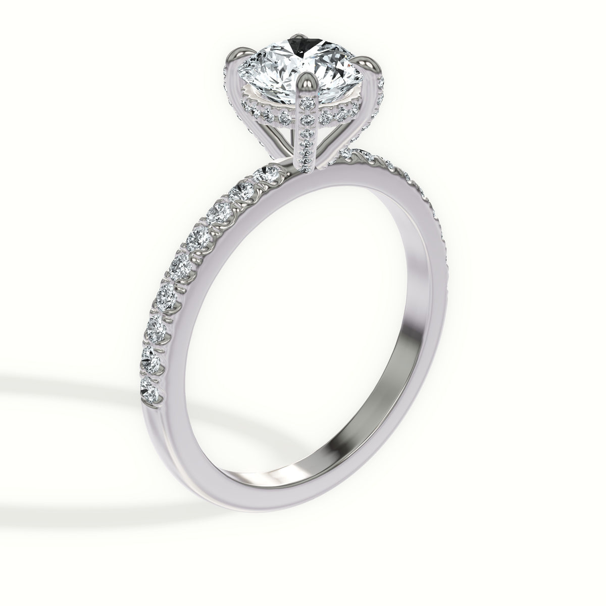 Solitaire Hidden Halo Engagement Ring with Diamond Encrusted Claw Prongs