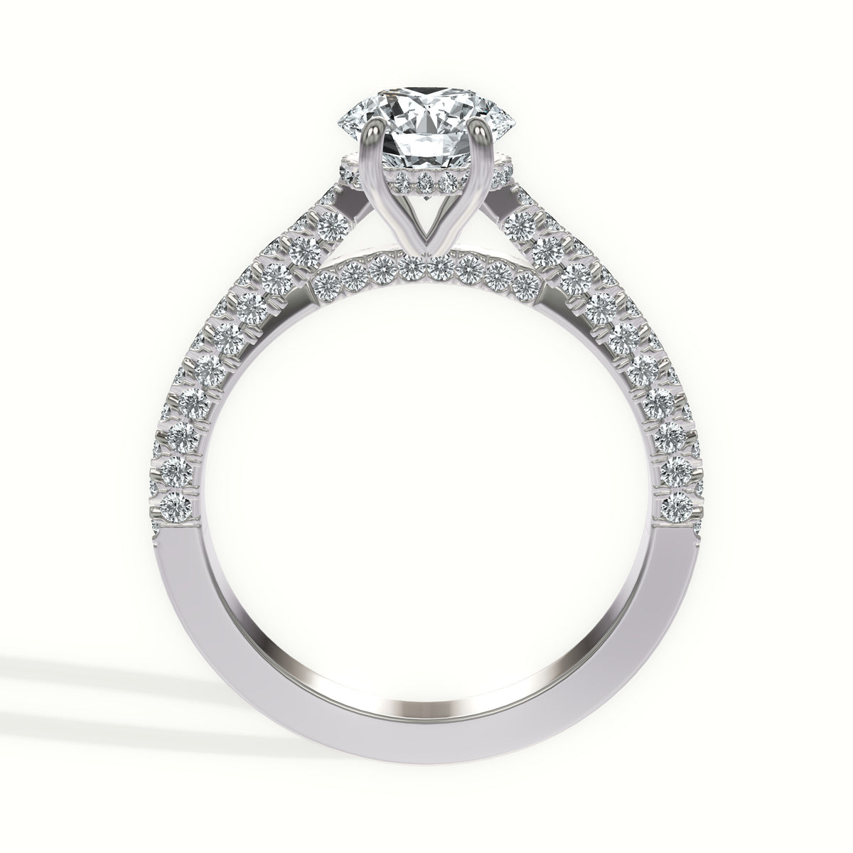 Cathedral Three-Row Pavé Engagement Ring with Hidden Halo and Pavé Bridge