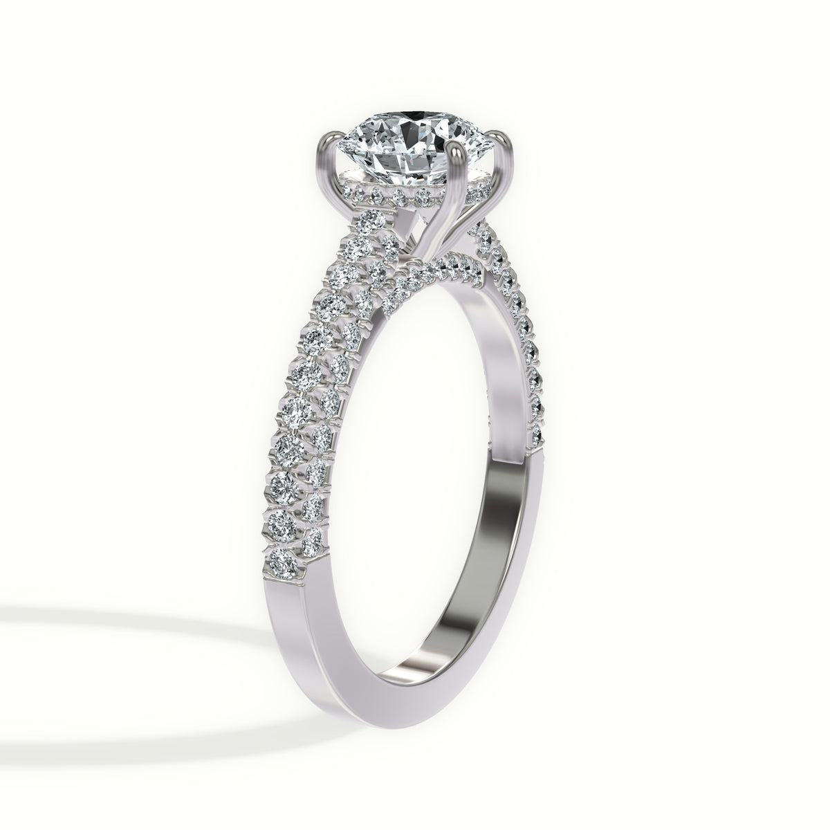 Cathedral Three-Row Pavé Engagement Ring with Hidden Halo and Pavé Bridge