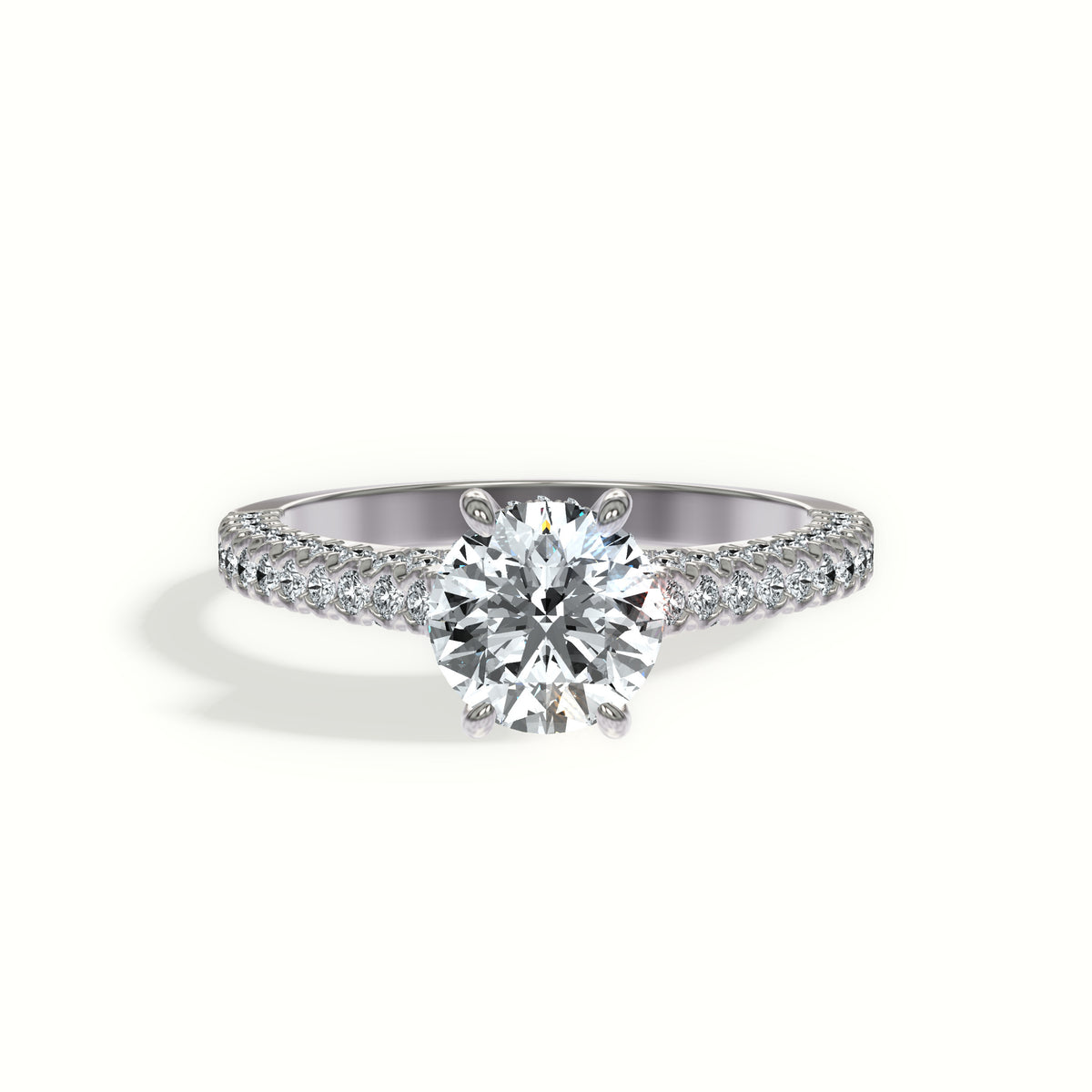 Cathedral Three-Row Pavé Engagement Ring with Hidden Halo and Pavé Bridge