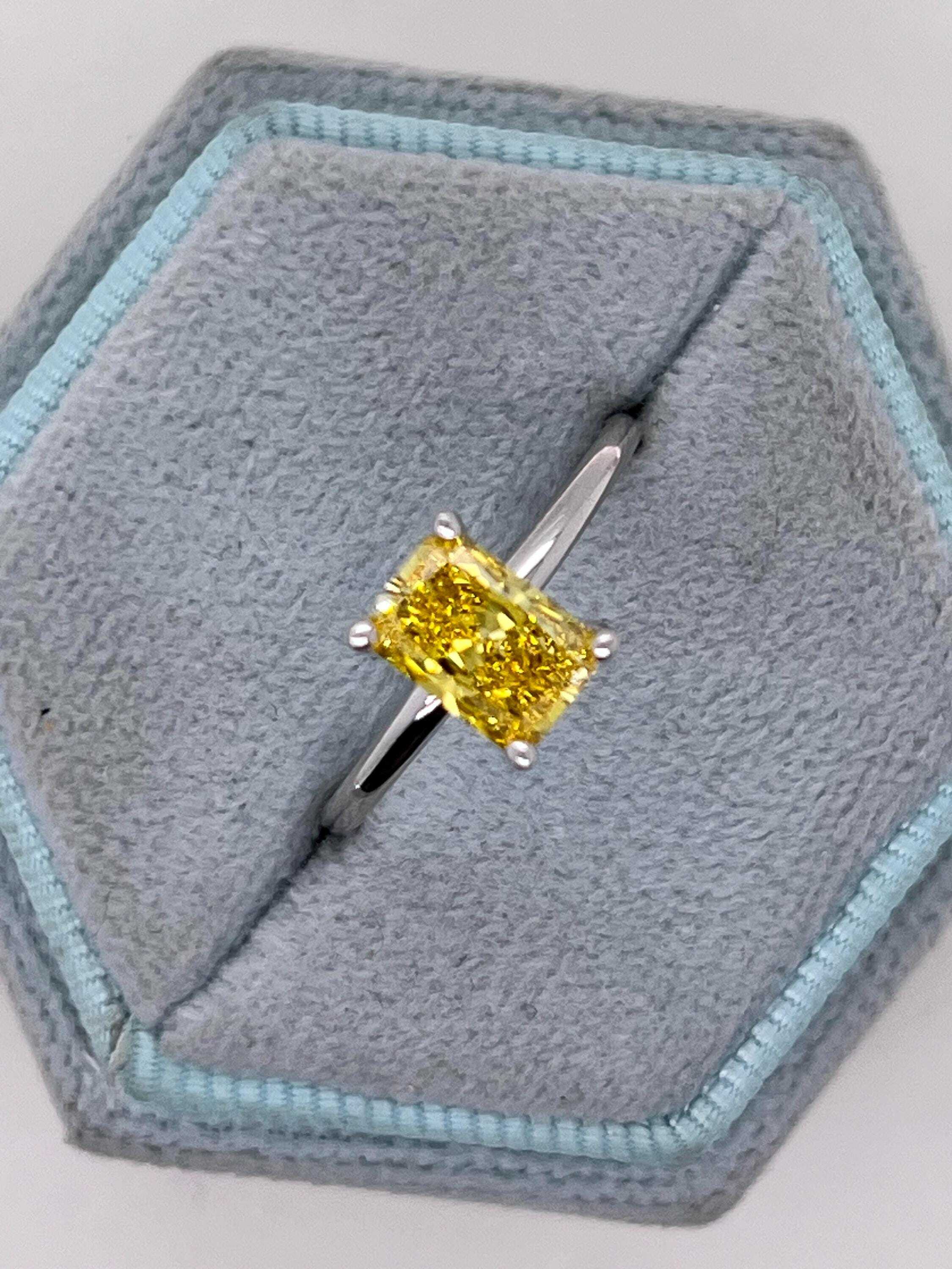 1 Carat Fancy Vivid Yellow VVS1 Clarity Elongated Radiant Cut Diamond Solitaire Engagement Ring
