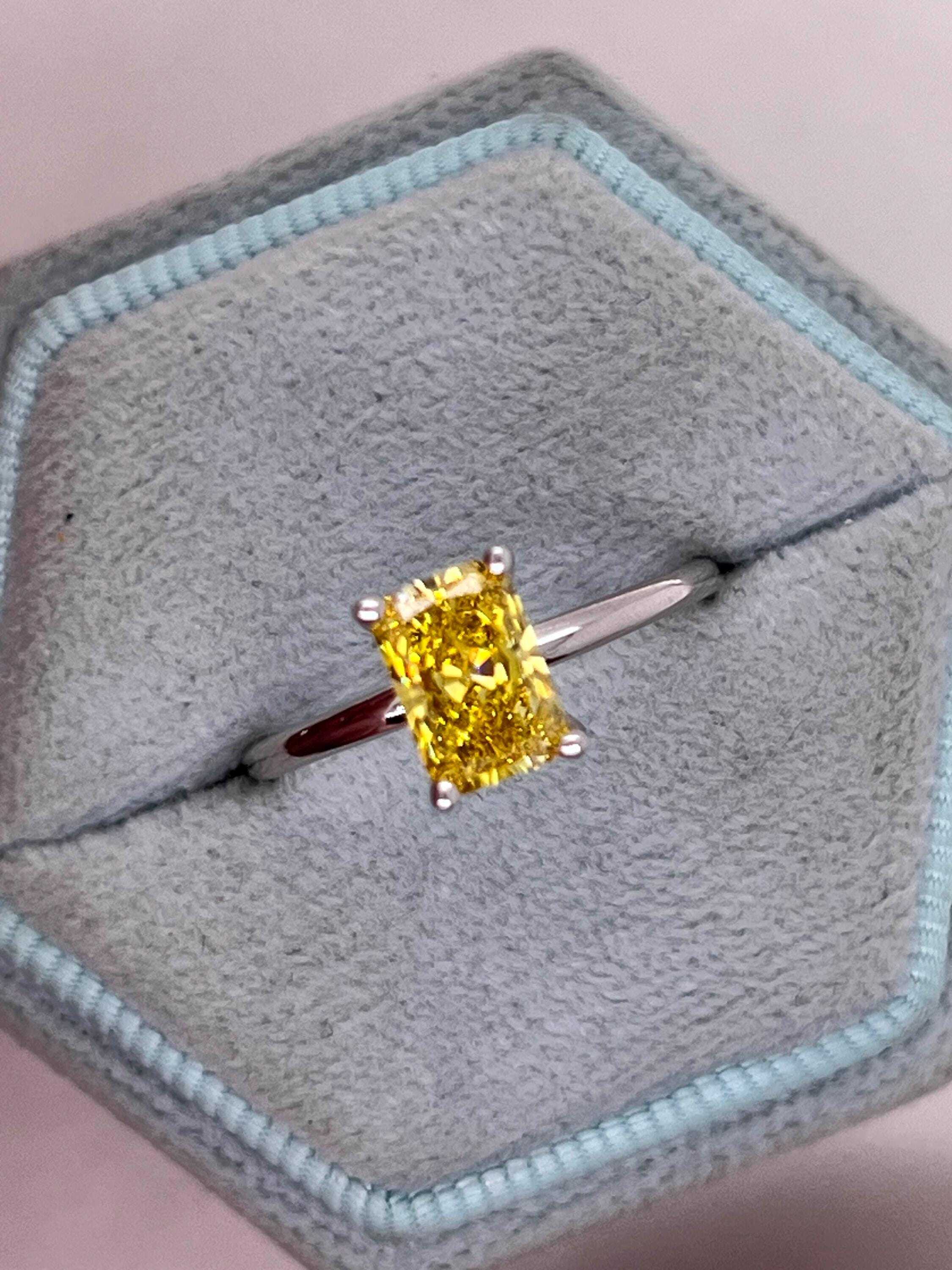 1 Carat Fancy Vivid Yellow VVS1 Clarity Elongated Radiant Cut Diamond Solitaire Engagement Ring