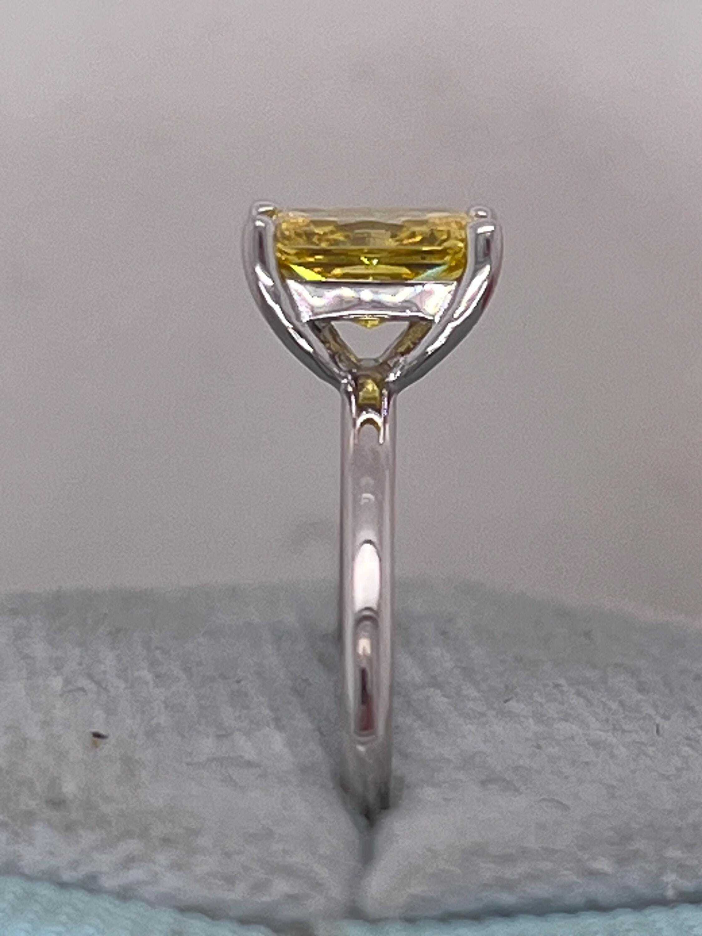1 Carat Fancy Vivid Yellow VVS1 Clarity Elongated Radiant Cut Diamond Solitaire Engagement Ring