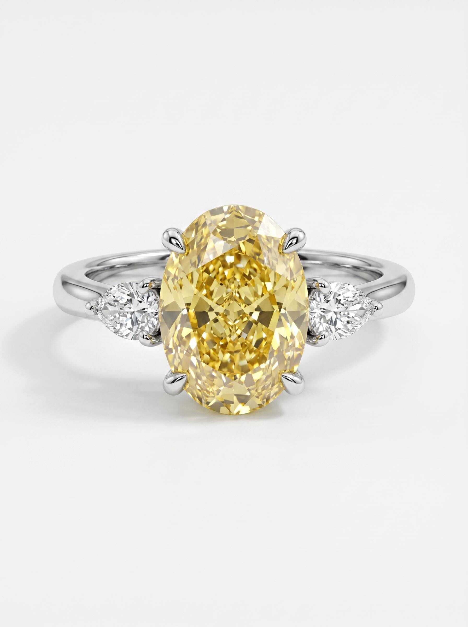 4 Carat Fancy Vivid Yellow Oval Cut Diamond Three Stone Engagement Ring Side Pears