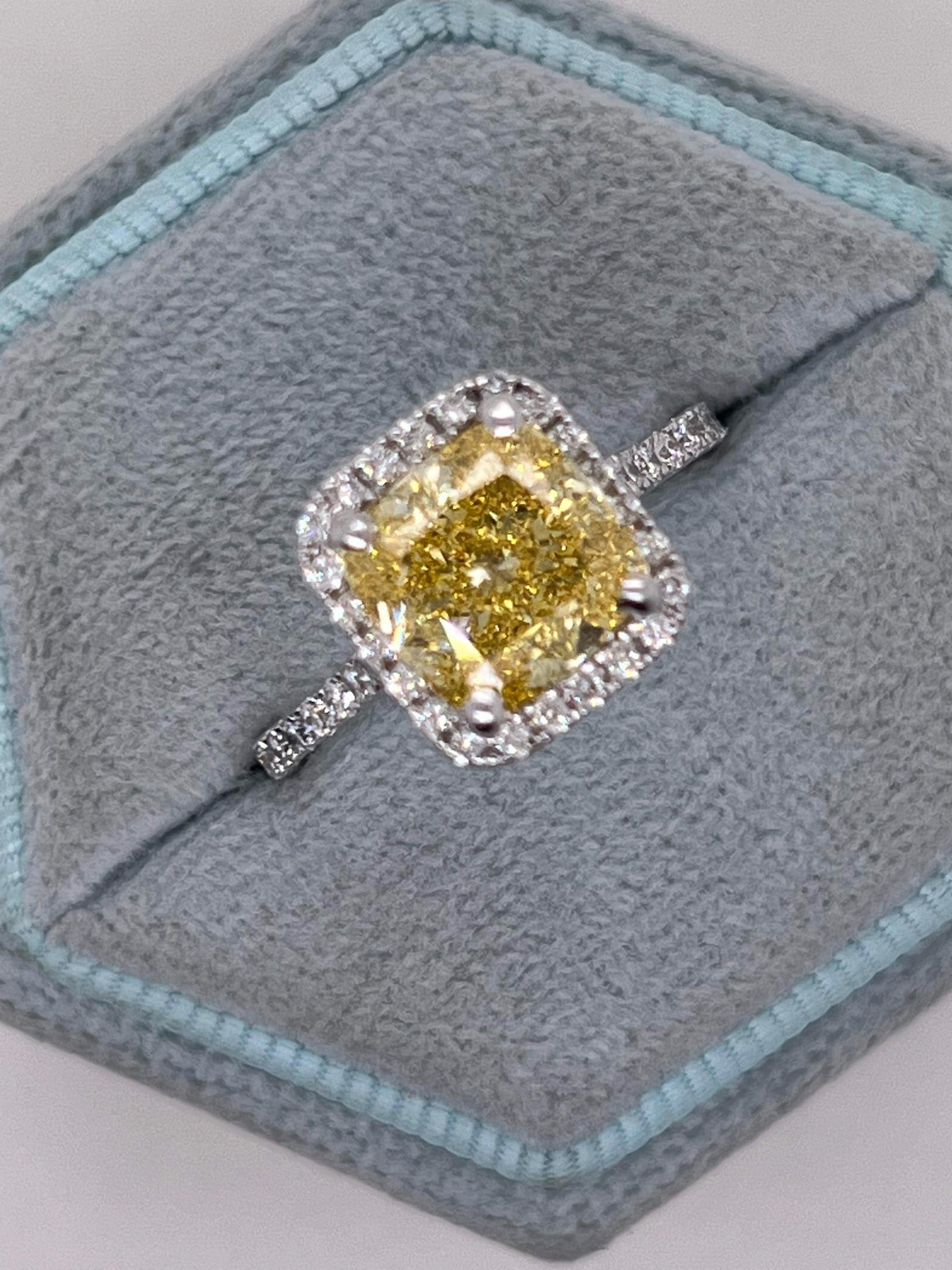 3.5 Carat Fancy Vivid Yellow VVS2 Clarity Square Cushion Cut Diamond Halo Engagement Ring