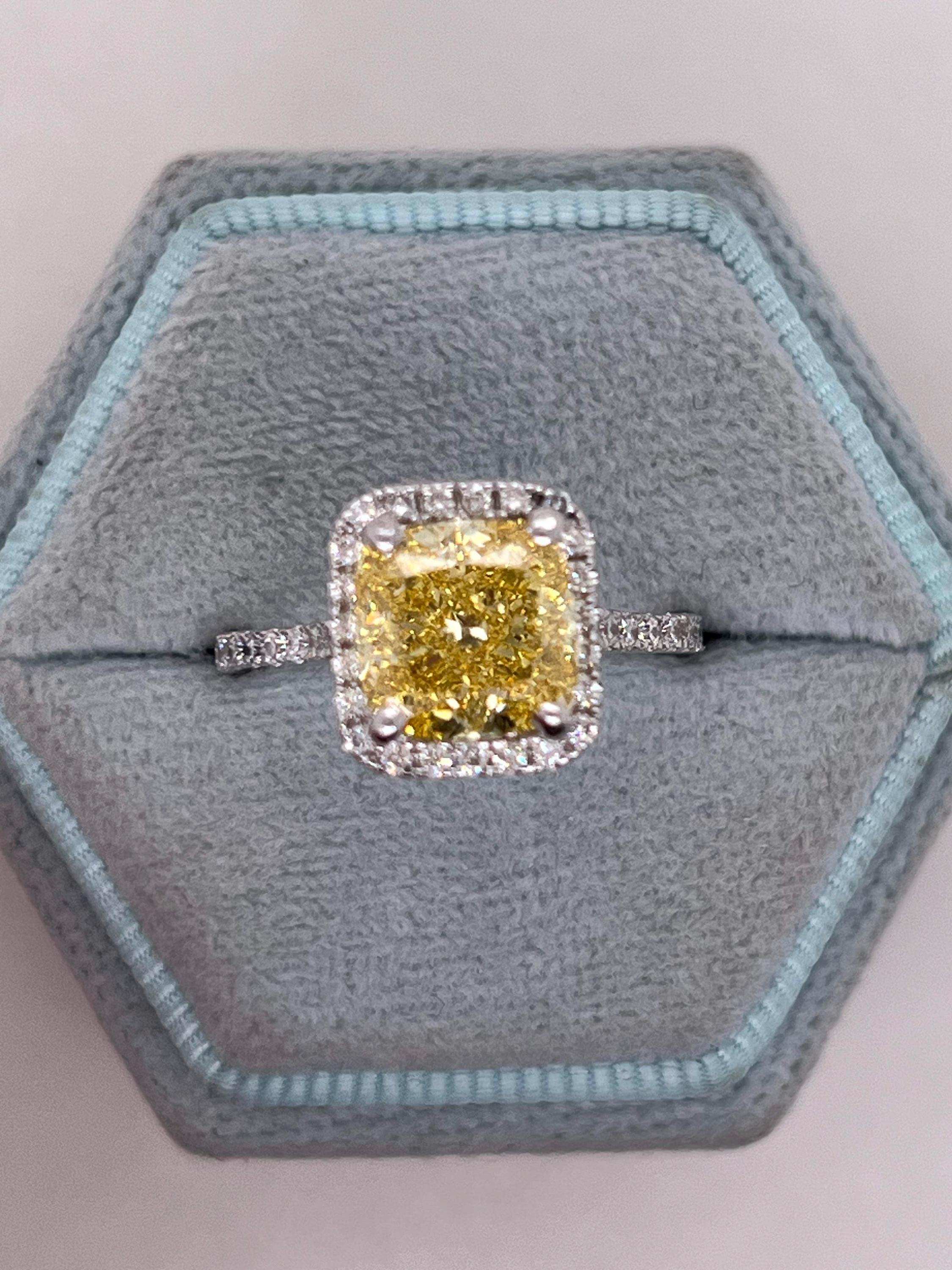 3.5 Carat Fancy Vivid Yellow VVS2 Clarity Square Cushion Cut Diamond Halo Engagement Ring