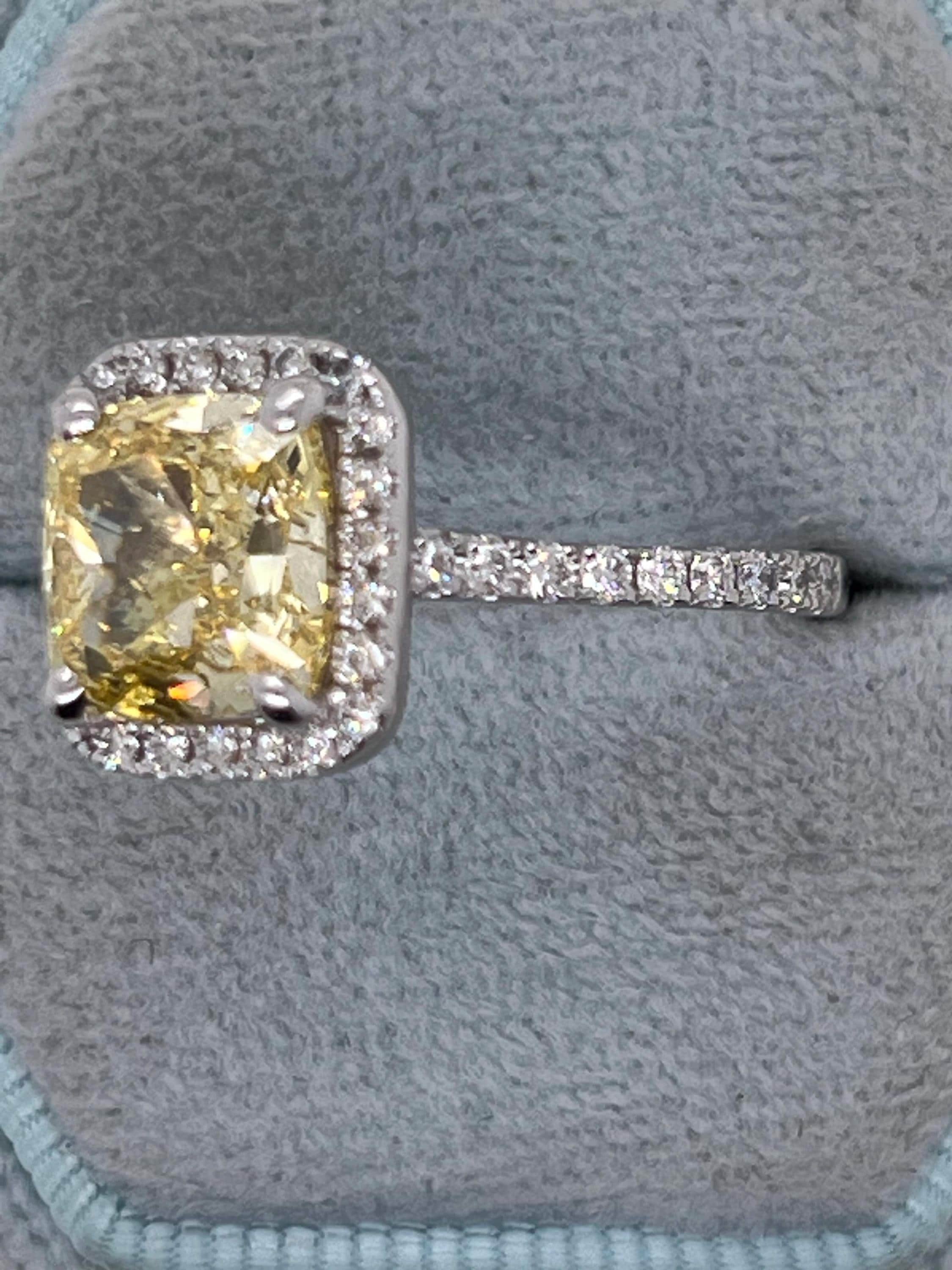 3.5 Carat Fancy Vivid Yellow VVS2 Clarity Square Cushion Cut Diamond Halo Engagement Ring
