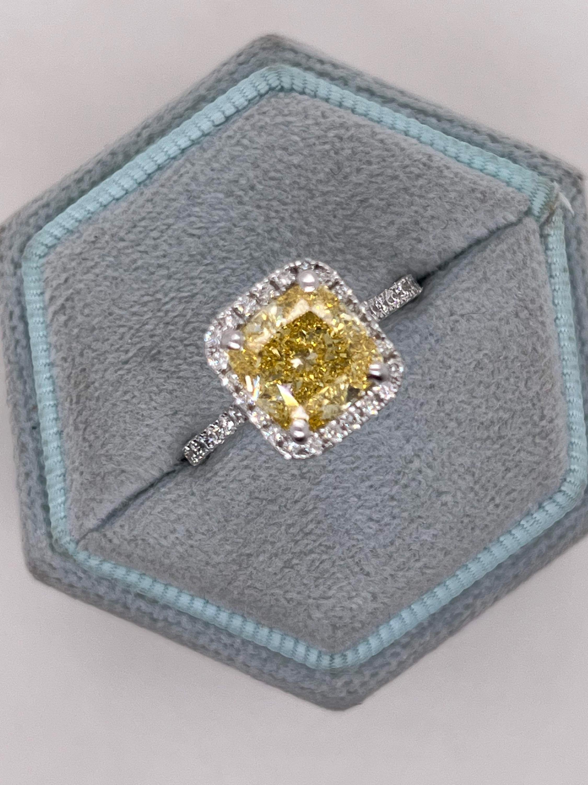 3.5 Carat Fancy Vivid Yellow VVS2 Clarity Square Cushion Cut Diamond Halo Engagement Ring