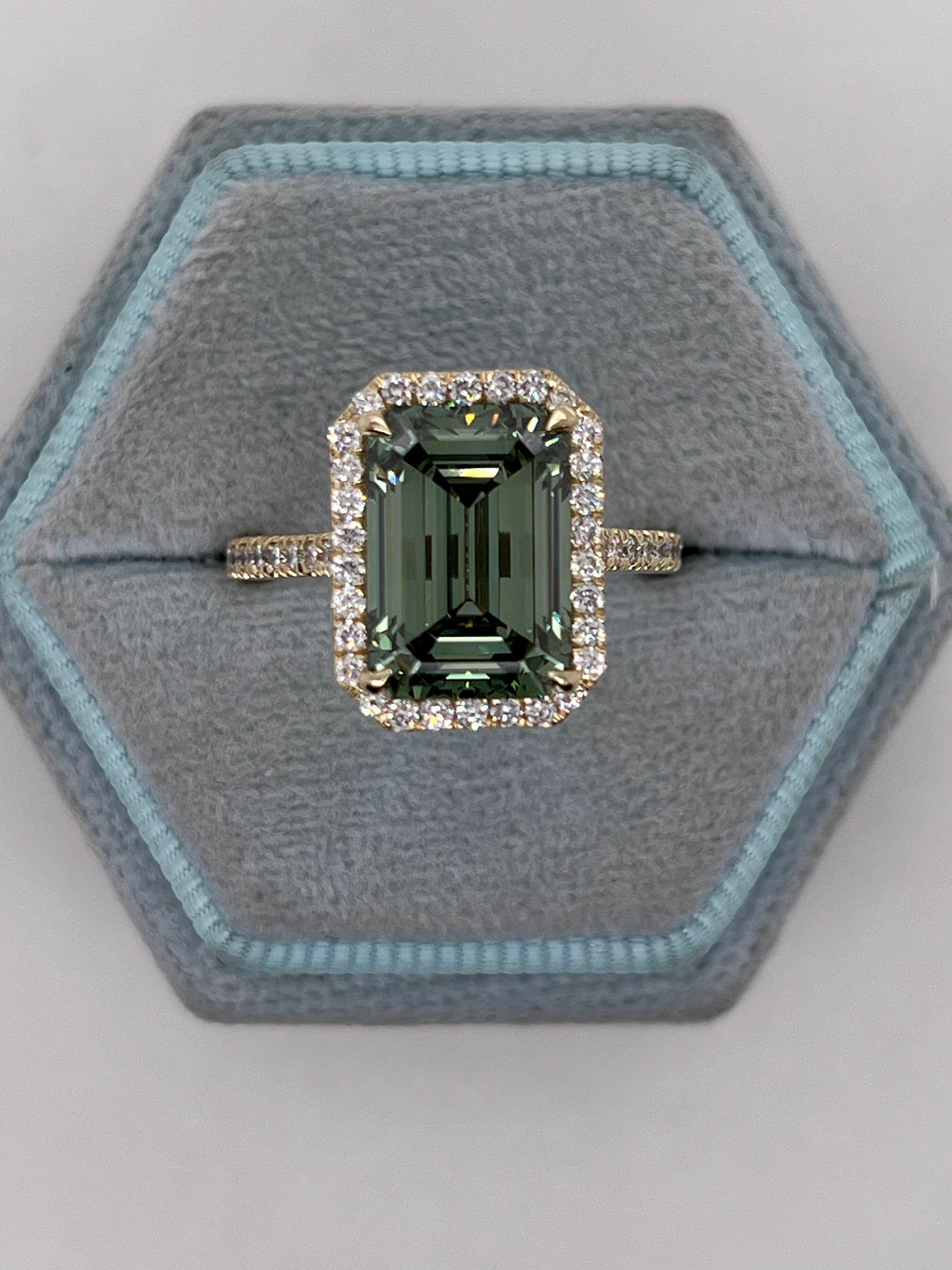 5.75 Carat Fancy Vivid Green Color Emerald Cut Diamond Halo Engagement Ring