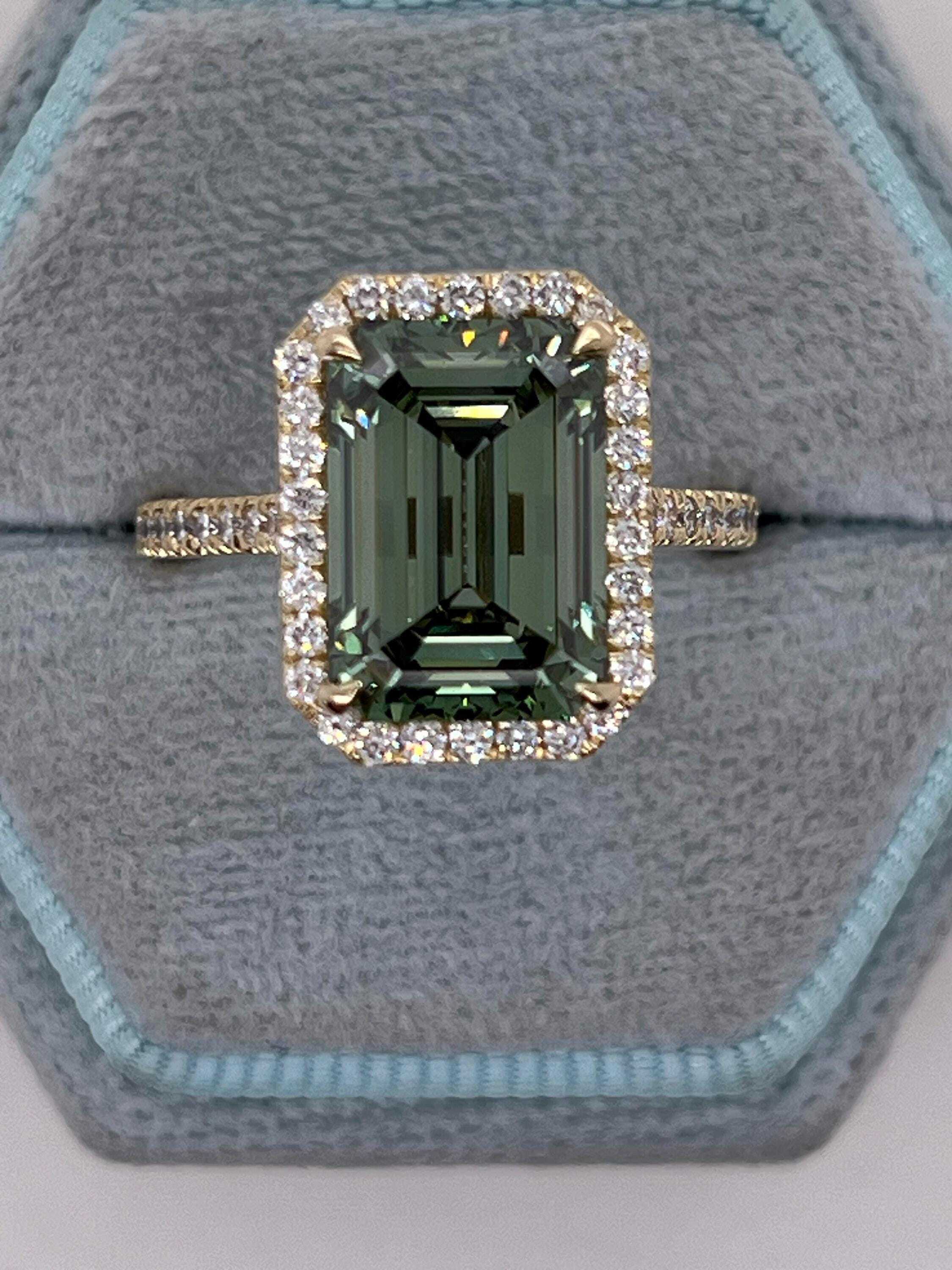 5.75 Carat Fancy Vivid Green Color Emerald Cut Diamond Halo Engagement Ring