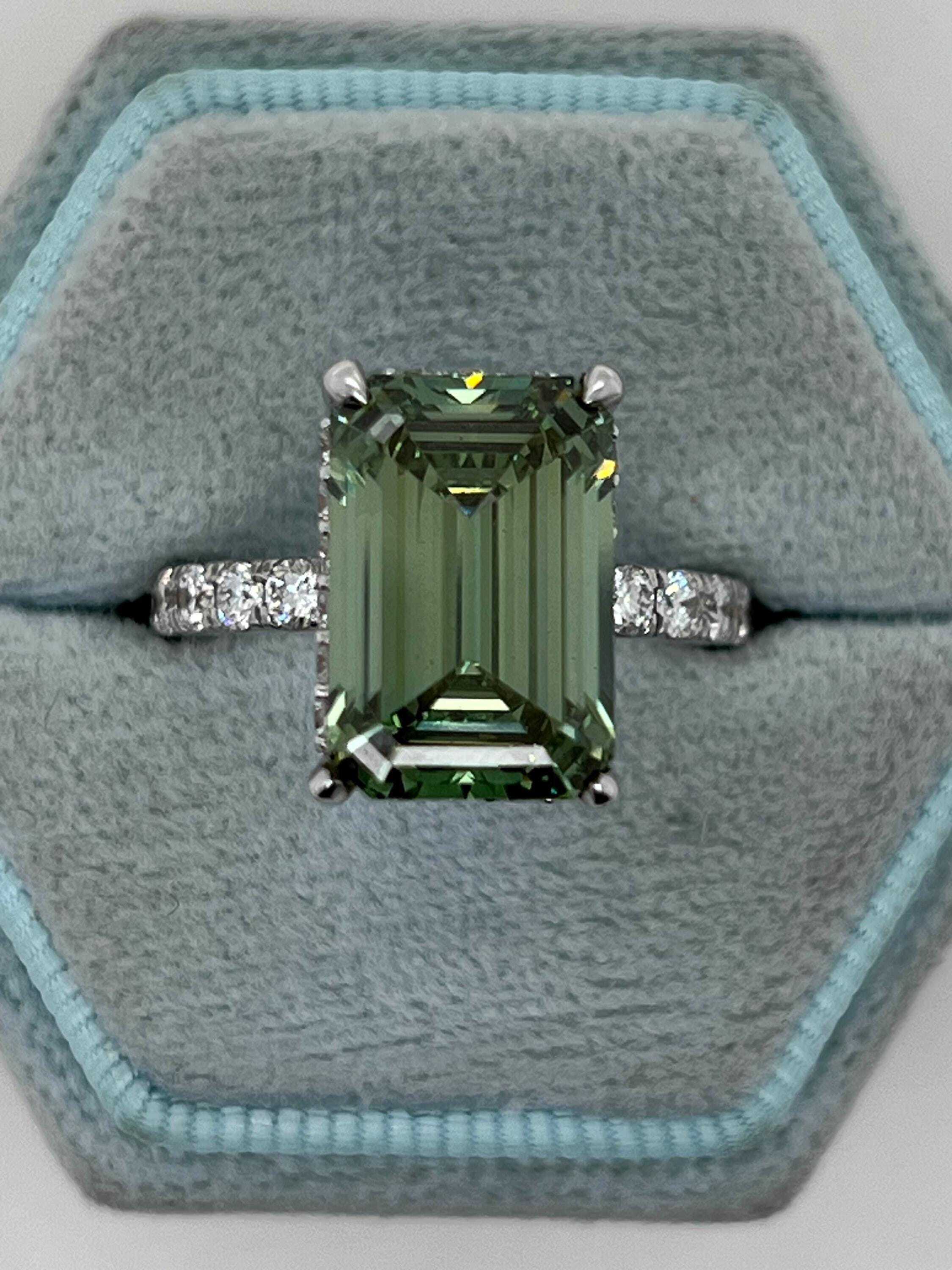 6.5 Carat Fancy Vivid Green Color Emerald Cut Diamond Halo Engagement Ring