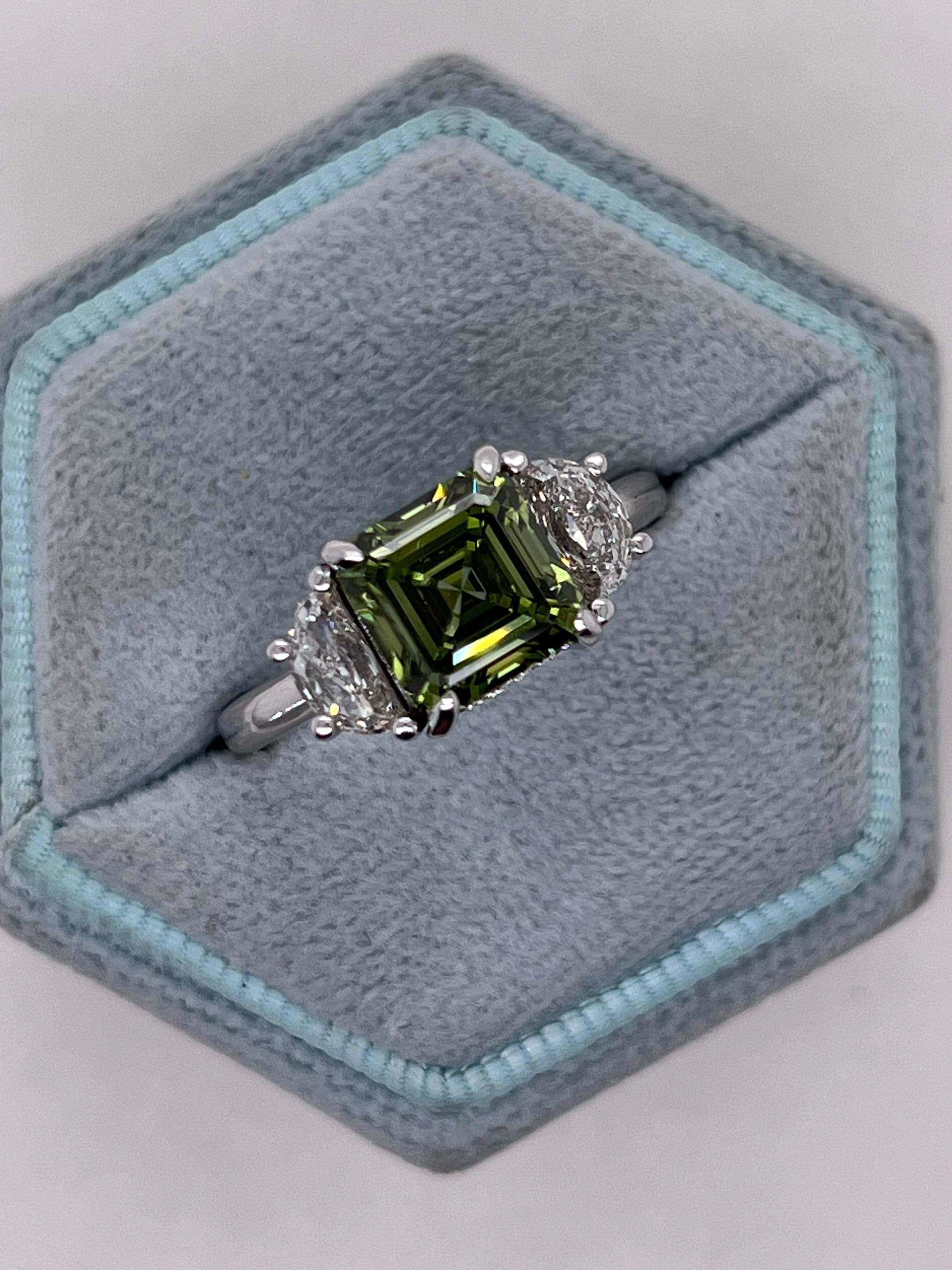 3.25 Carat Vivid Green Color Asscher Cut Diamond Hidden Halo Three Stone Engagement Ring