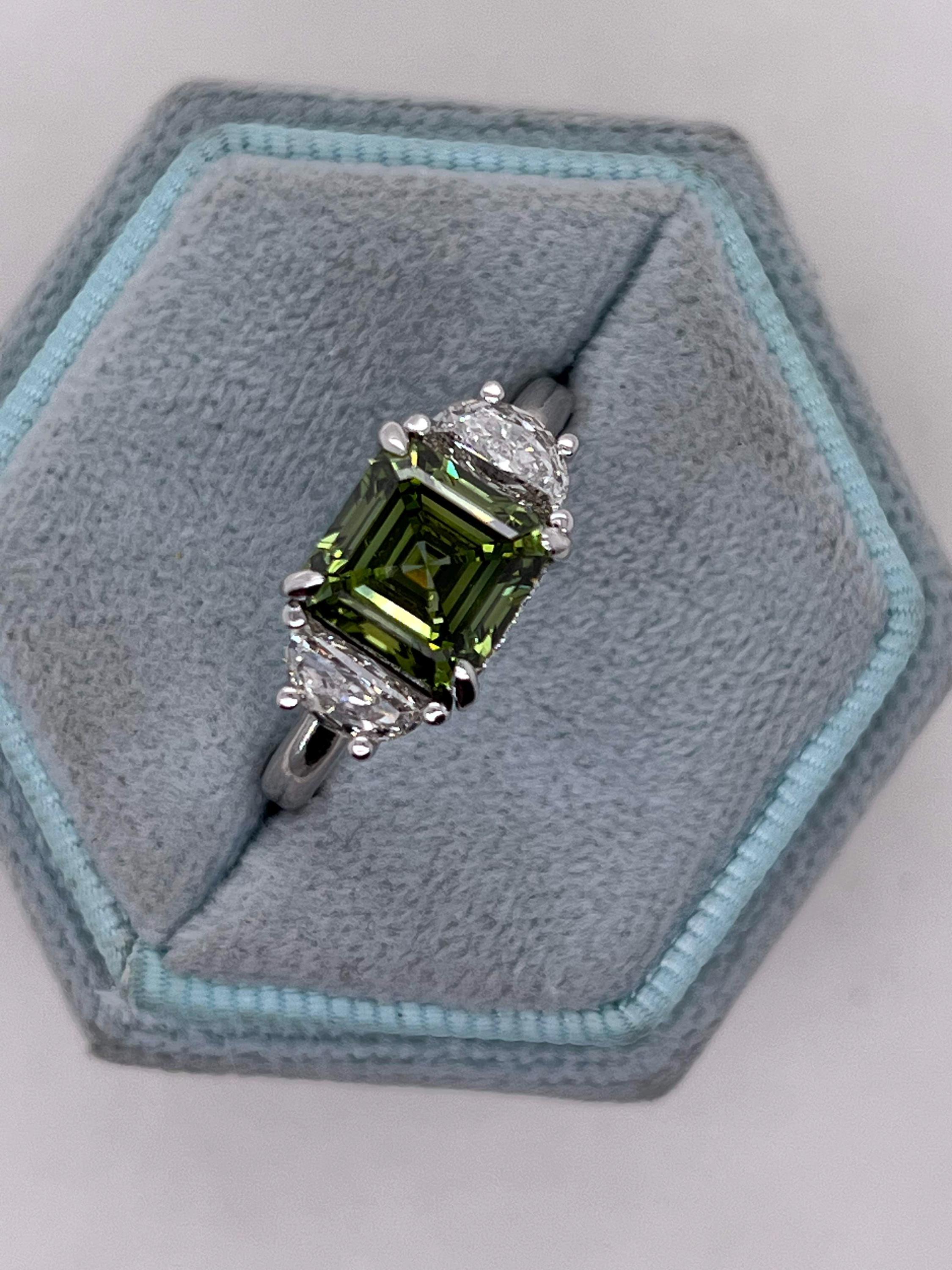 3.25 Carat Vivid Green Color Asscher Cut Diamond Hidden Halo Three Stone Engagement Ring