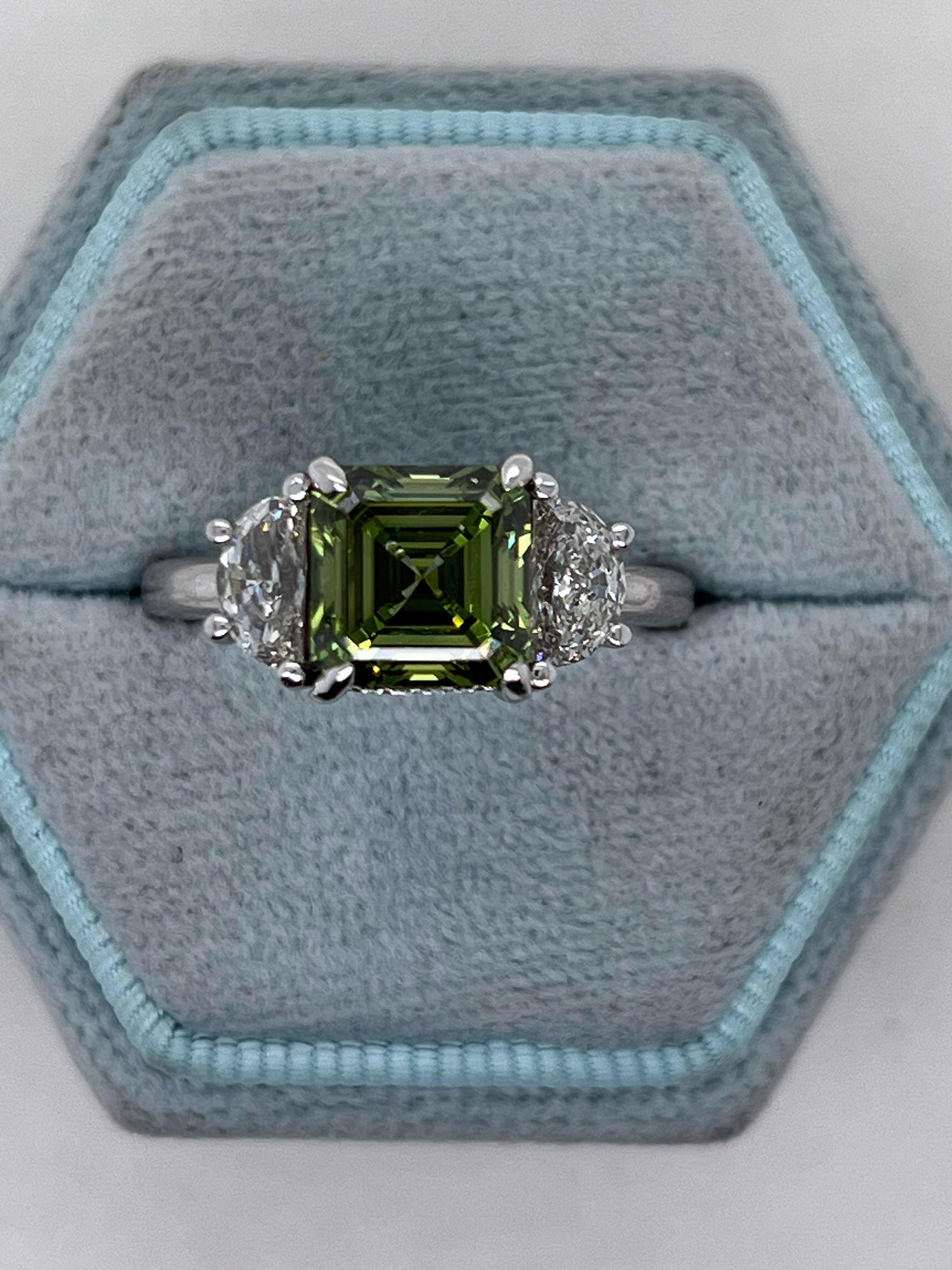 3.25 Carat Vivid Green Color Asscher Cut Diamond Hidden Halo Three Stone Engagement Ring