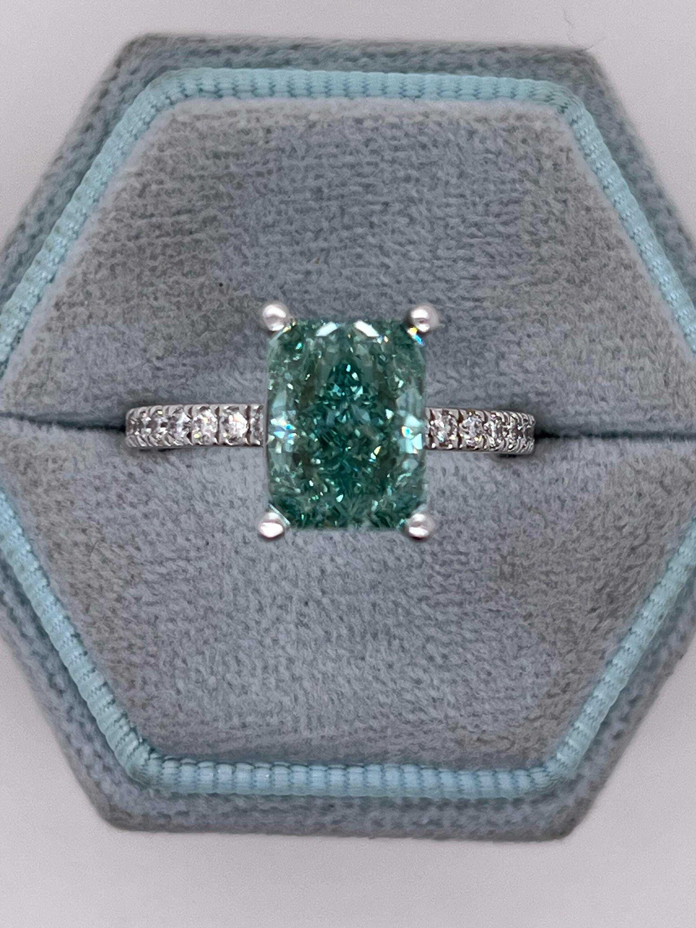 3.25 Carat Total Fancy Vivid Green Color Radiant Cut Diamond Engagement Ring