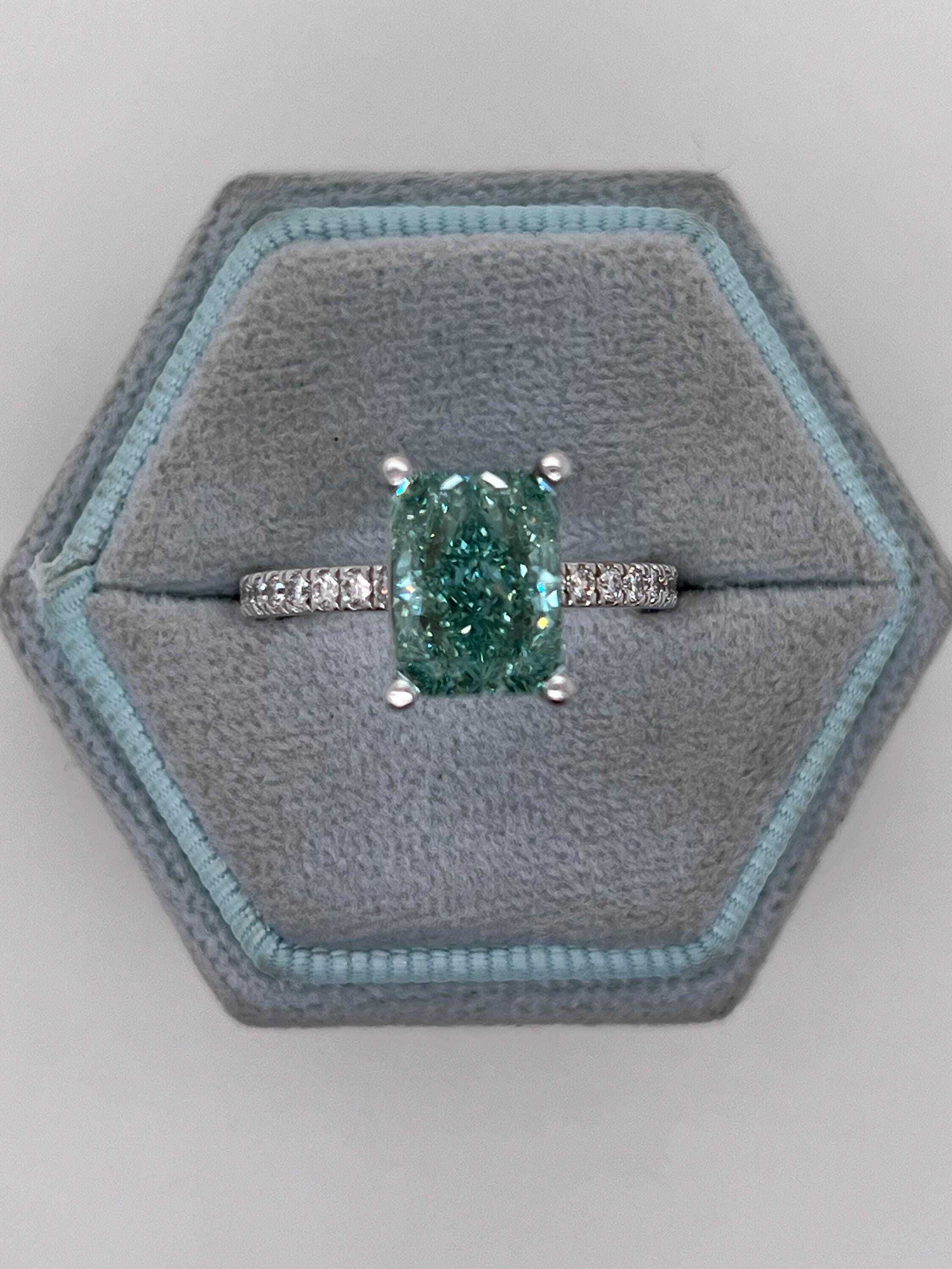 3.25 Carat Total Fancy Vivid Green Color Radiant Cut Diamond Engagement Ring
