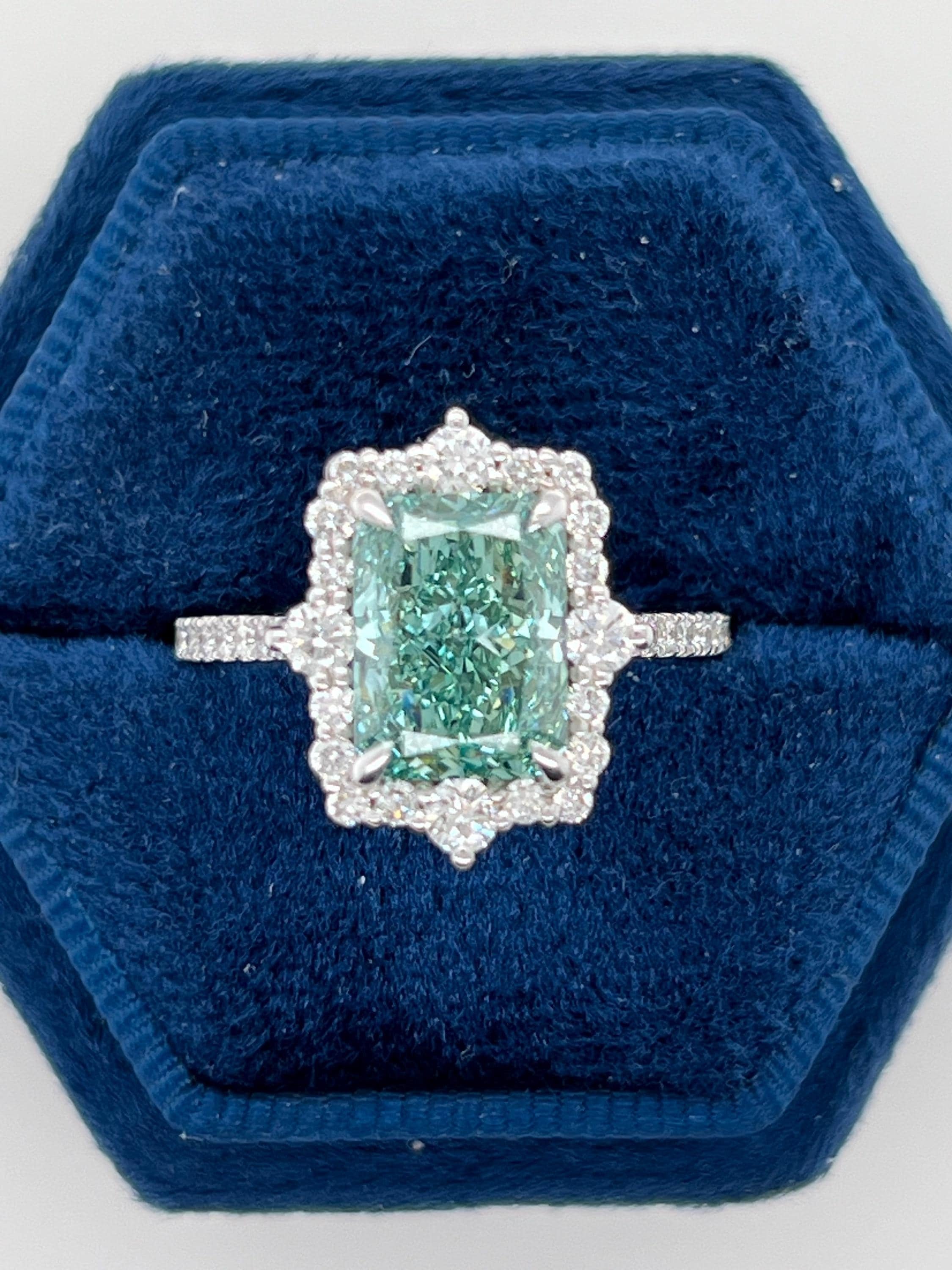 Fancy Vivid Green Rare Color 3.5 Carat Total Radiant Cut Diamond Halo Engagement Ring