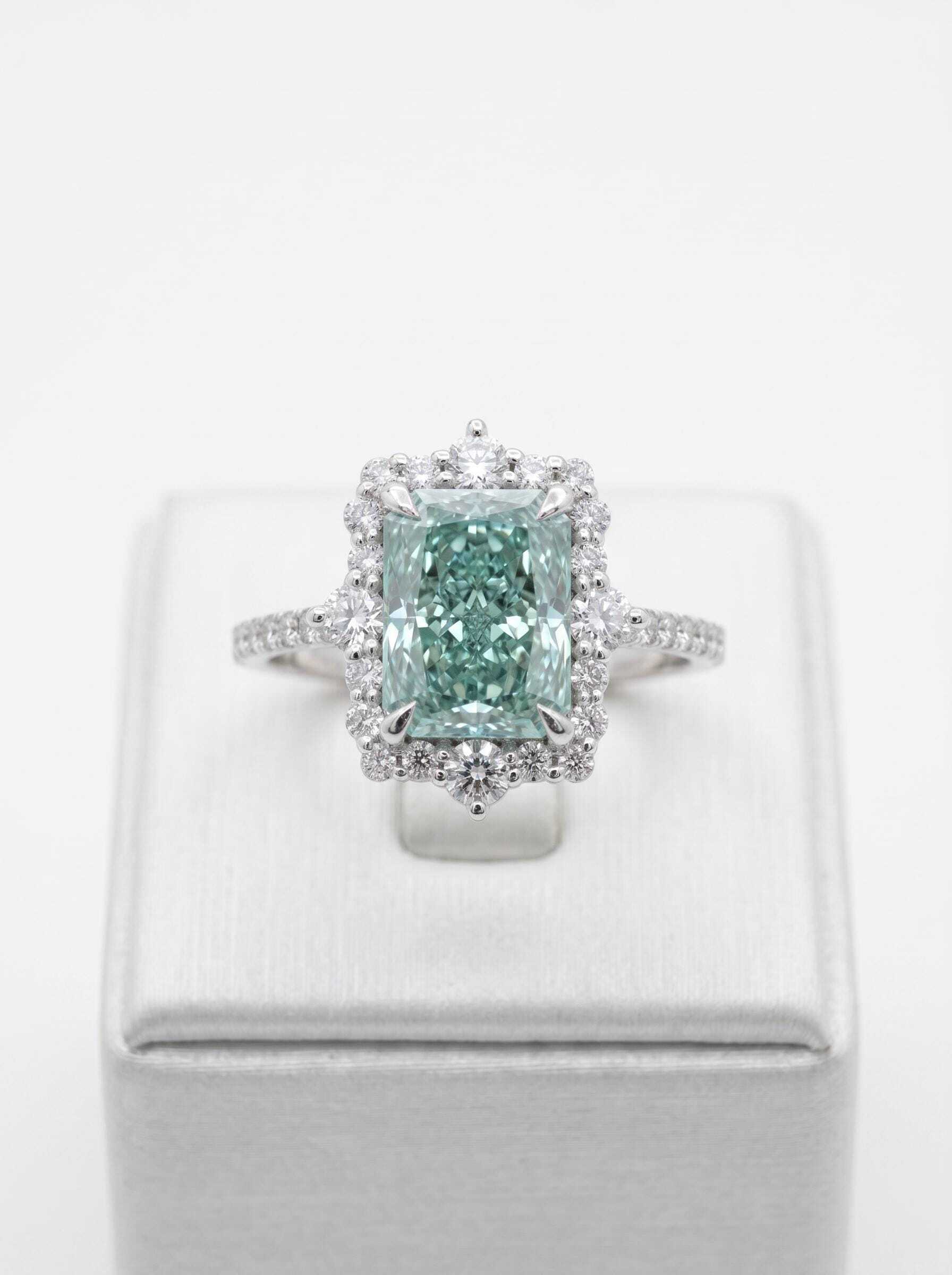 Fancy Vivid Green Rare Color 3.5 Carat Total Radiant Cut Diamond Halo Engagement Ring