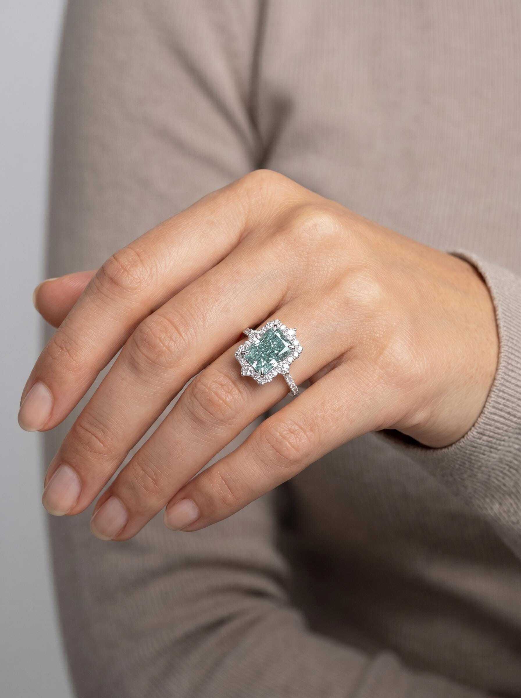 Fancy Vivid Green Rare Color 3.5 Carat Total Radiant Cut Diamond Halo Engagement Ring