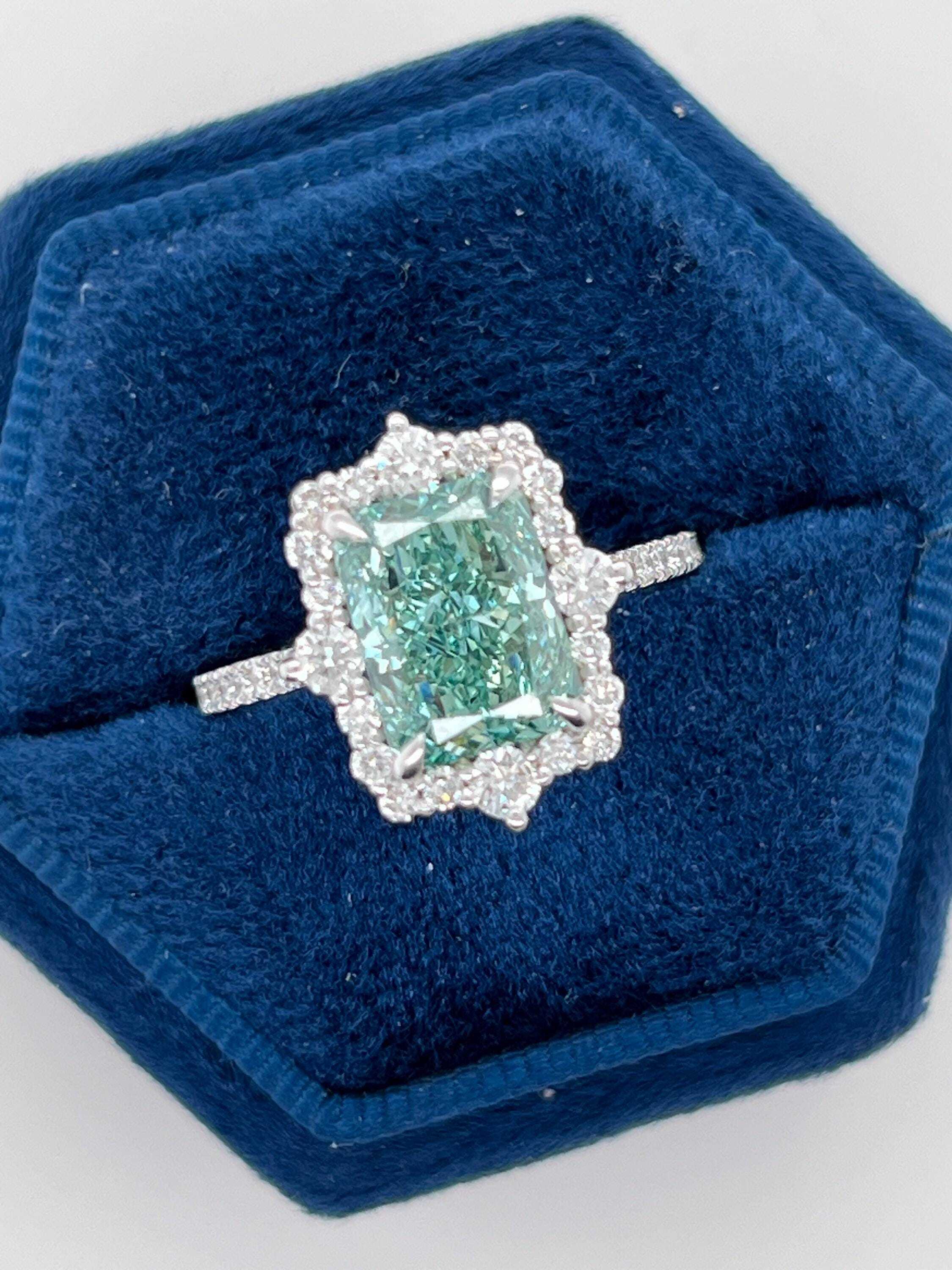 Fancy Vivid Green Rare Color 3.5 Carat Total Radiant Cut Diamond Halo Engagement Ring