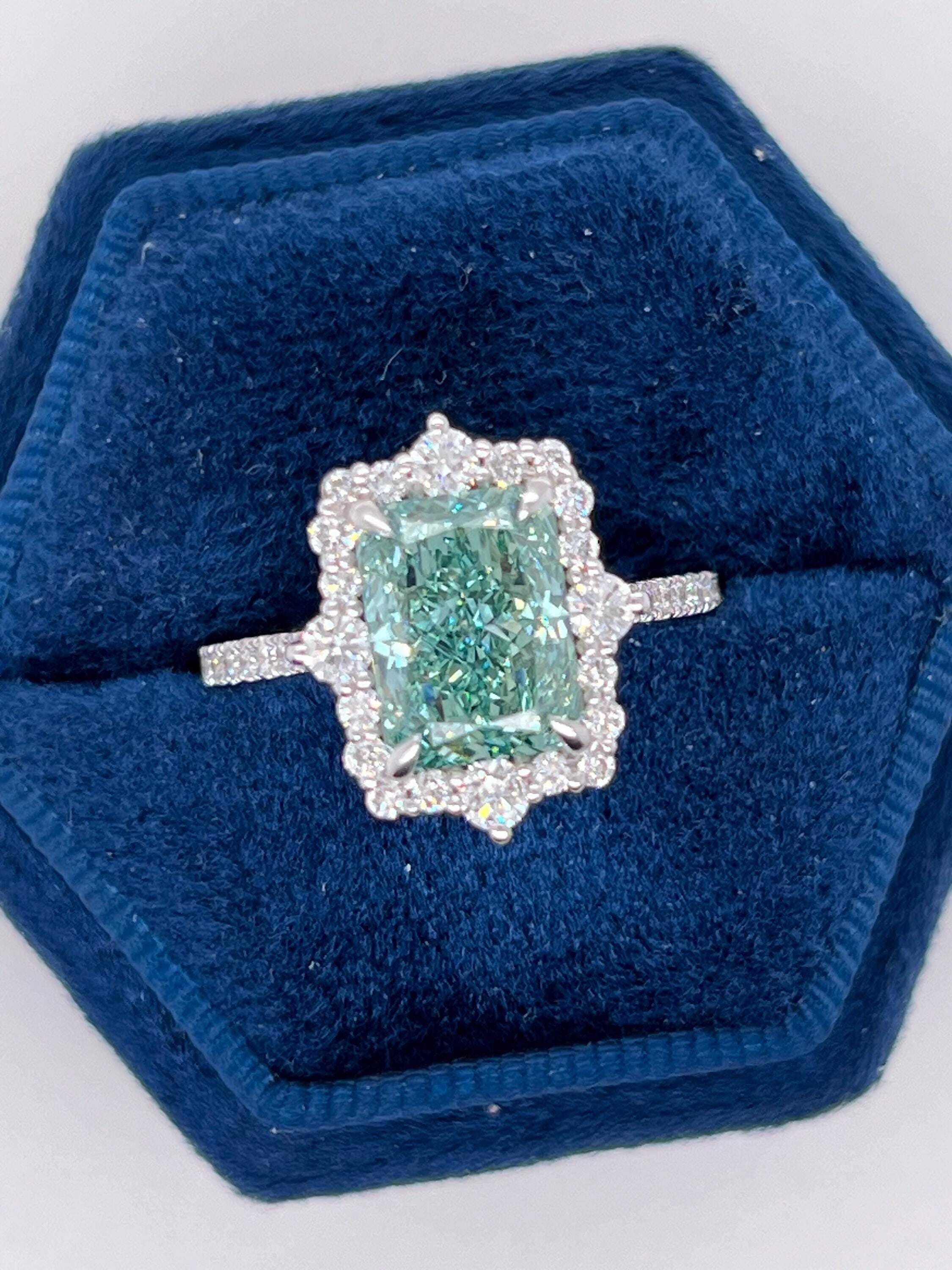 Fancy Vivid Green Rare Color 3.5 Carat Total Radiant Cut Diamond Halo Engagement Ring