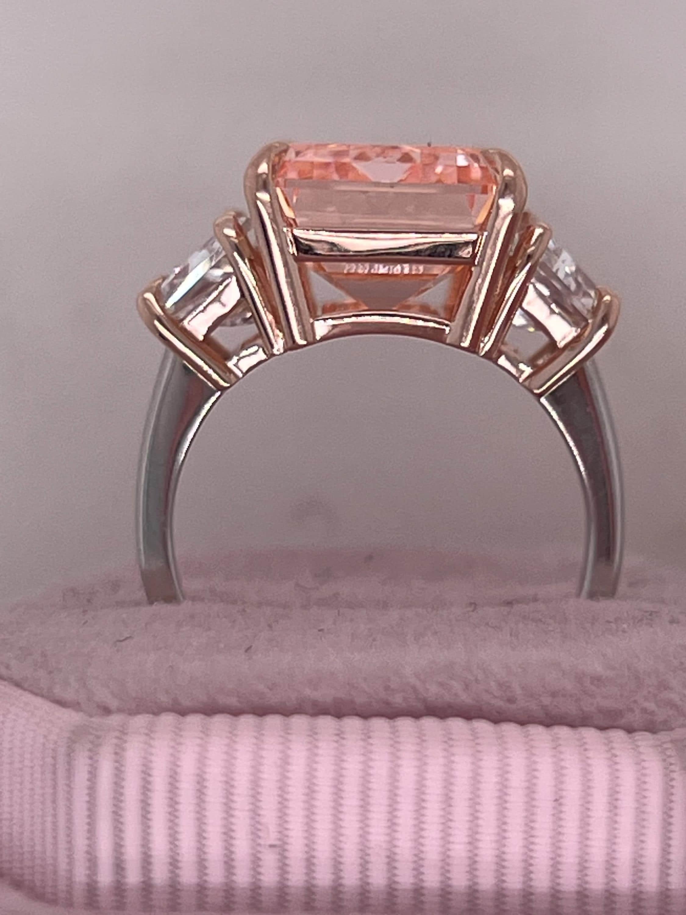 12.25 Carat Fancy Intense Pink Emerald Cut Three Diamond Two Tone Engagement Ring