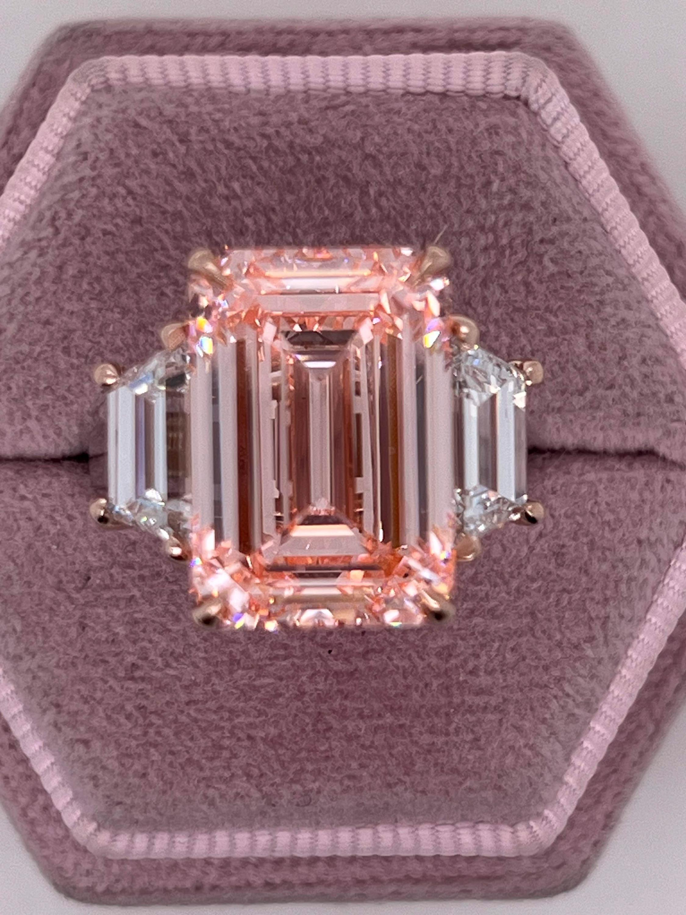 12.25 Carat Fancy Intense Pink Emerald Cut Three Diamond Two Tone Engagement Ring