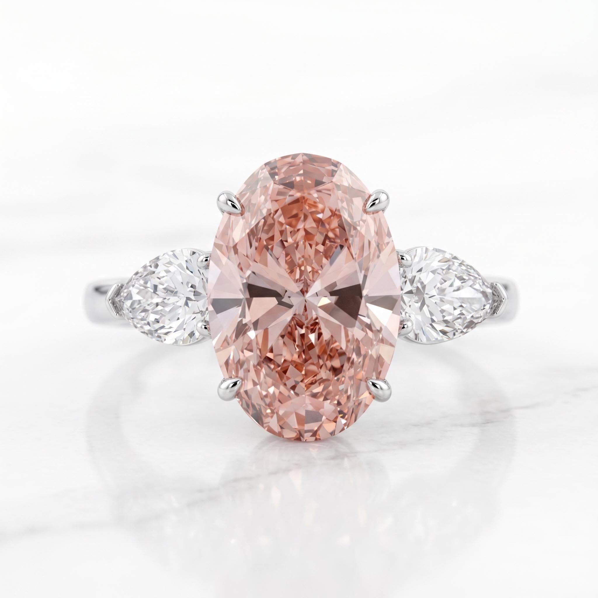 9 Carat Total Fancy Vivid Pink Oval Cut Three Stone Engagement Ring, Side Pear Diamonds