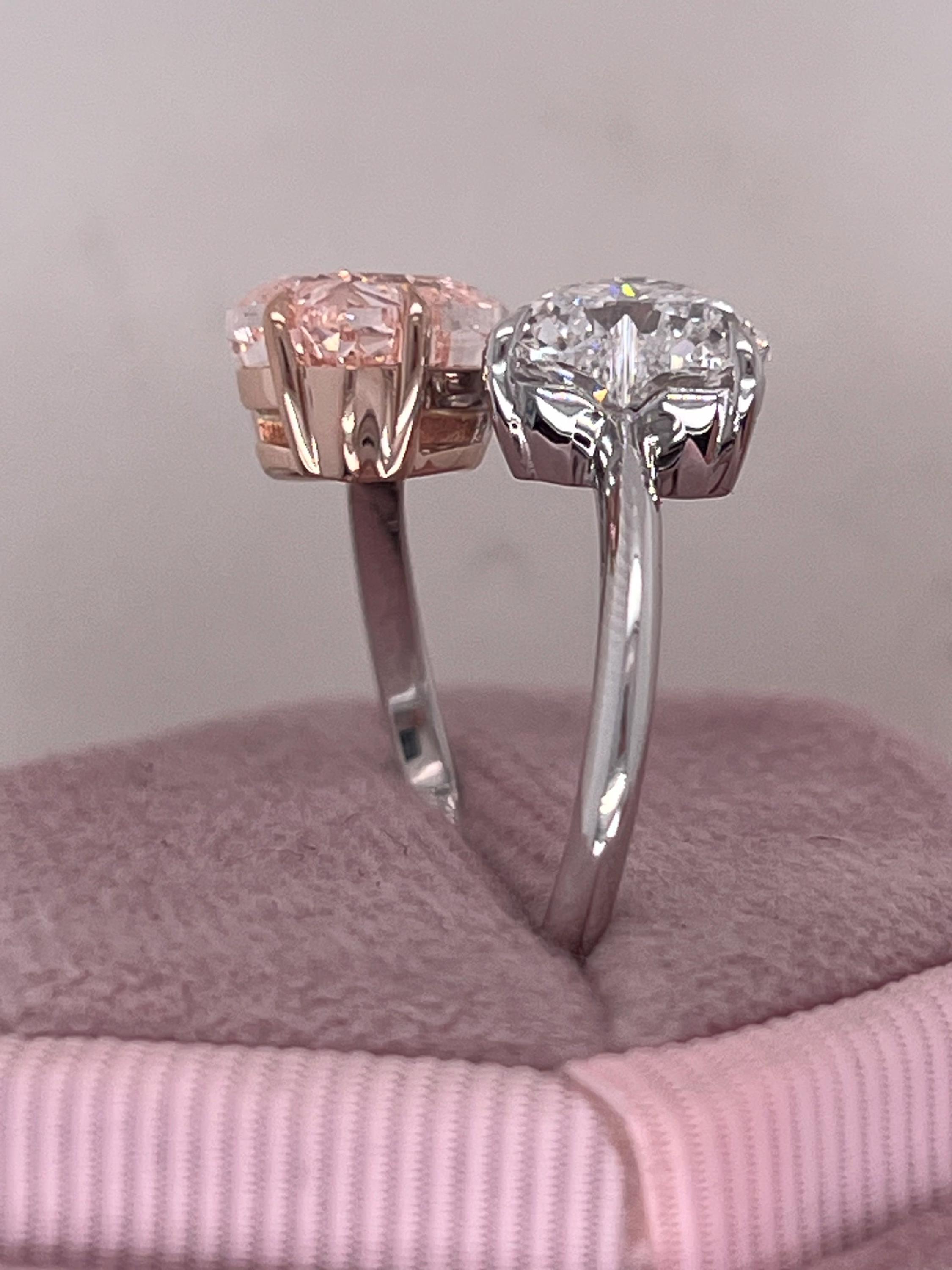 4.5 Carat Vivid Pink and D Color Heart Diamond Me & You Two Stone Ring Two Tone Toi et Moi Ring