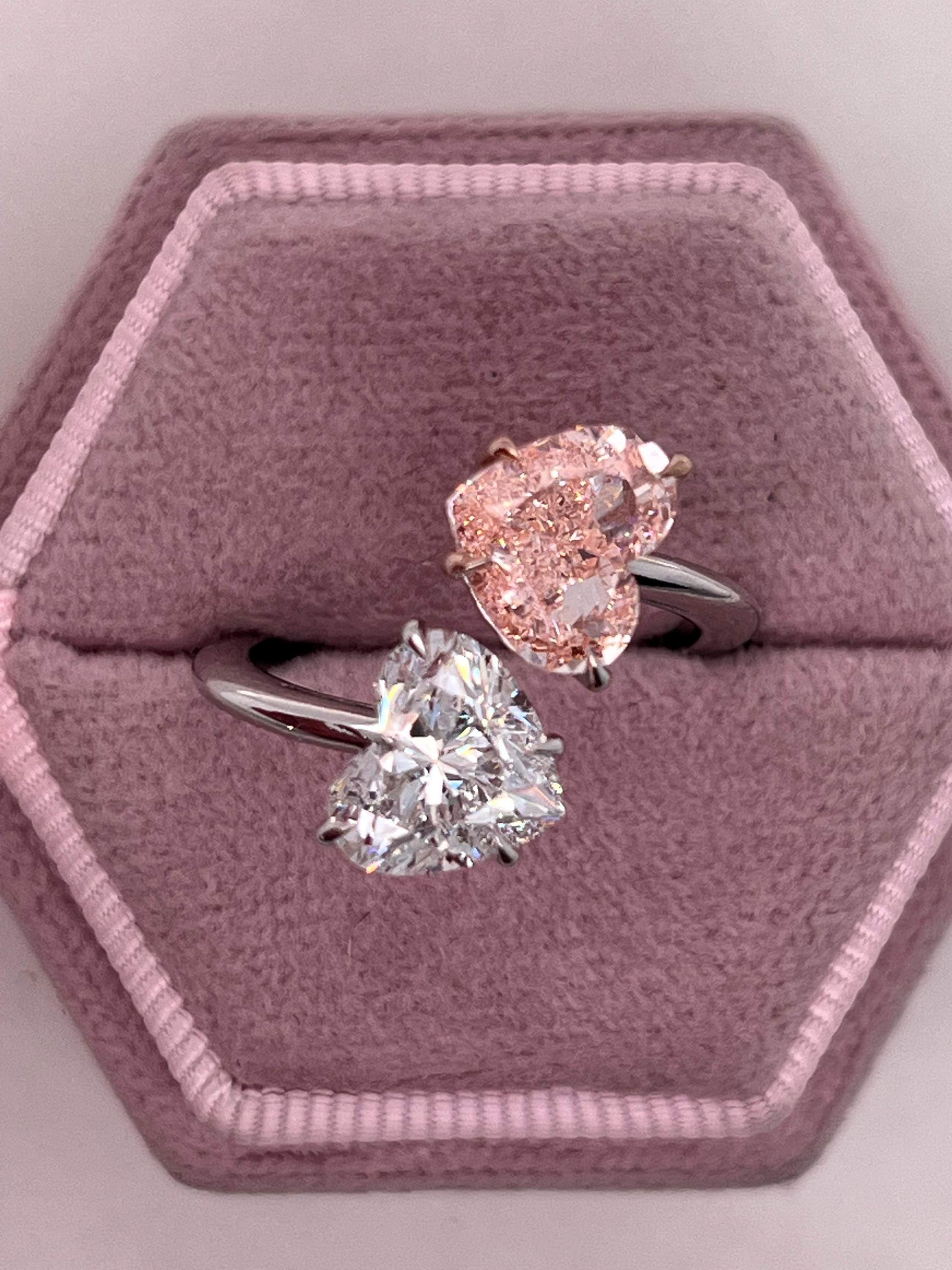 4.5 Carat Vivid Pink and D Color Heart Diamond Me & You Two Stone Ring Two Tone Toi et Moi Ring