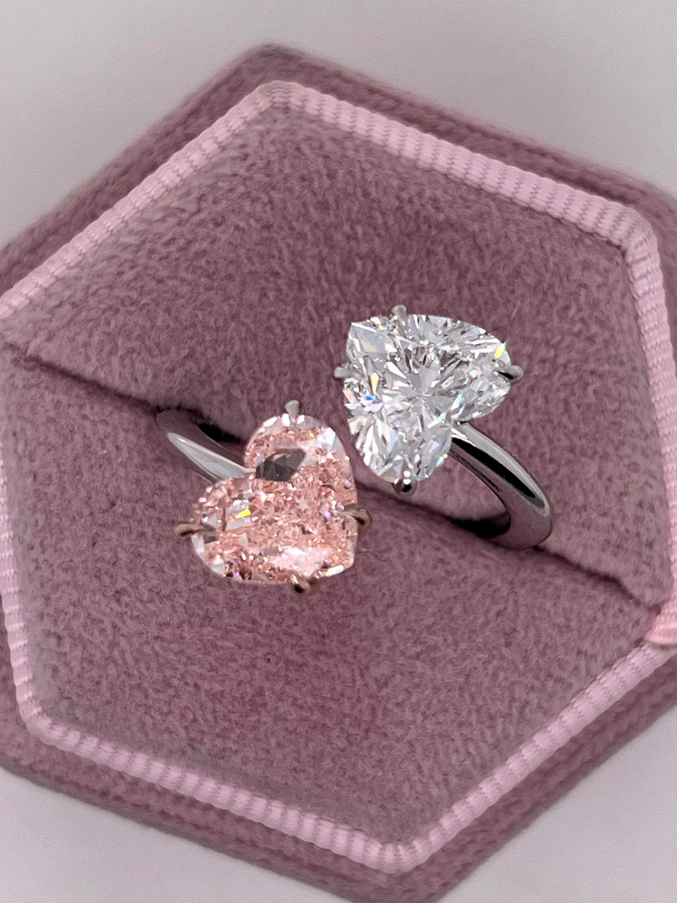 4.5 Carat Vivid Pink and D Color Heart Diamond Me & You Two Stone Ring Two Tone Toi et Moi Ring