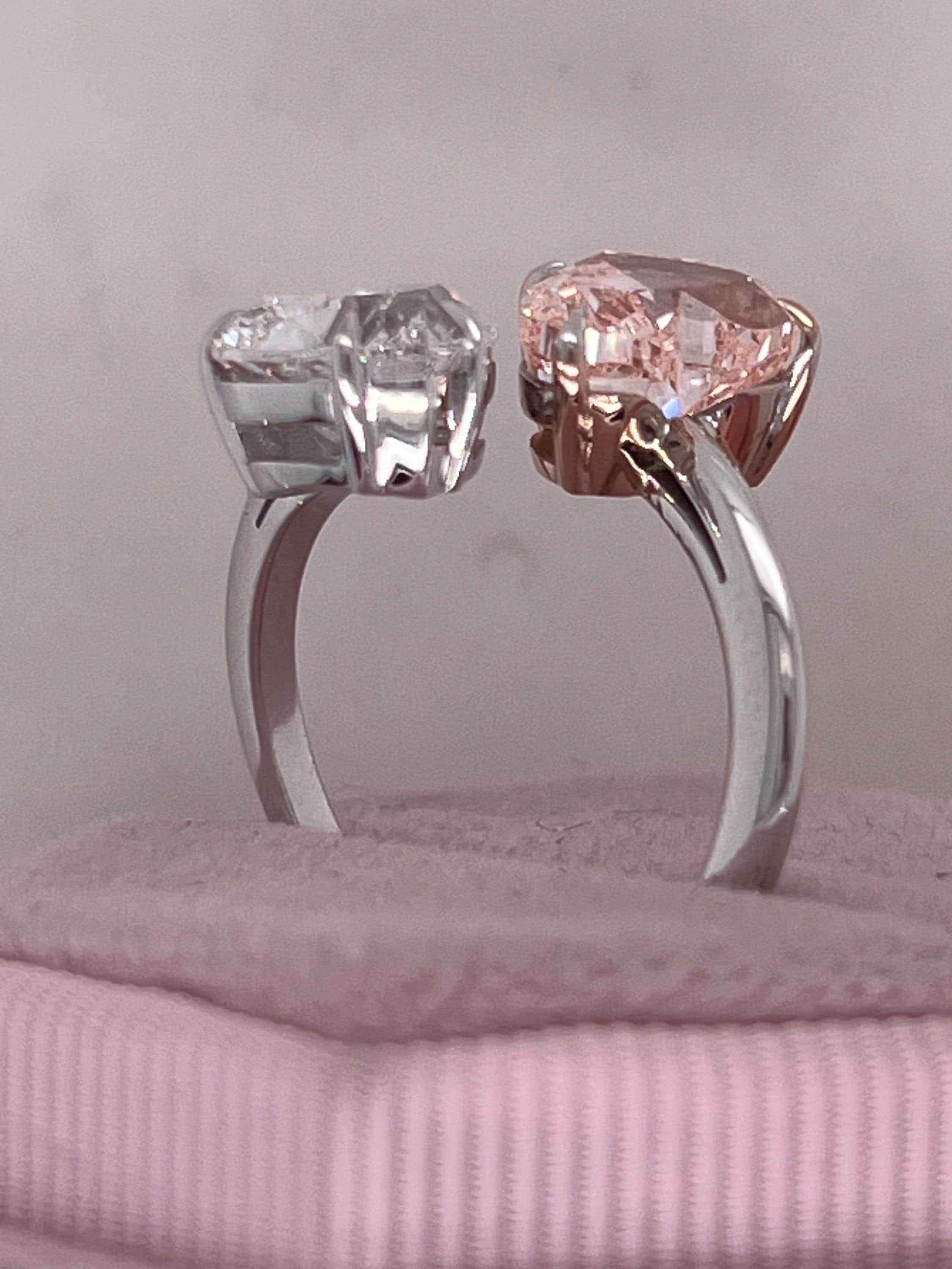 4.5 Carat Vivid Pink and D Color Heart Diamond Me & You Two Stone Ring Two Tone Toi et Moi Ring