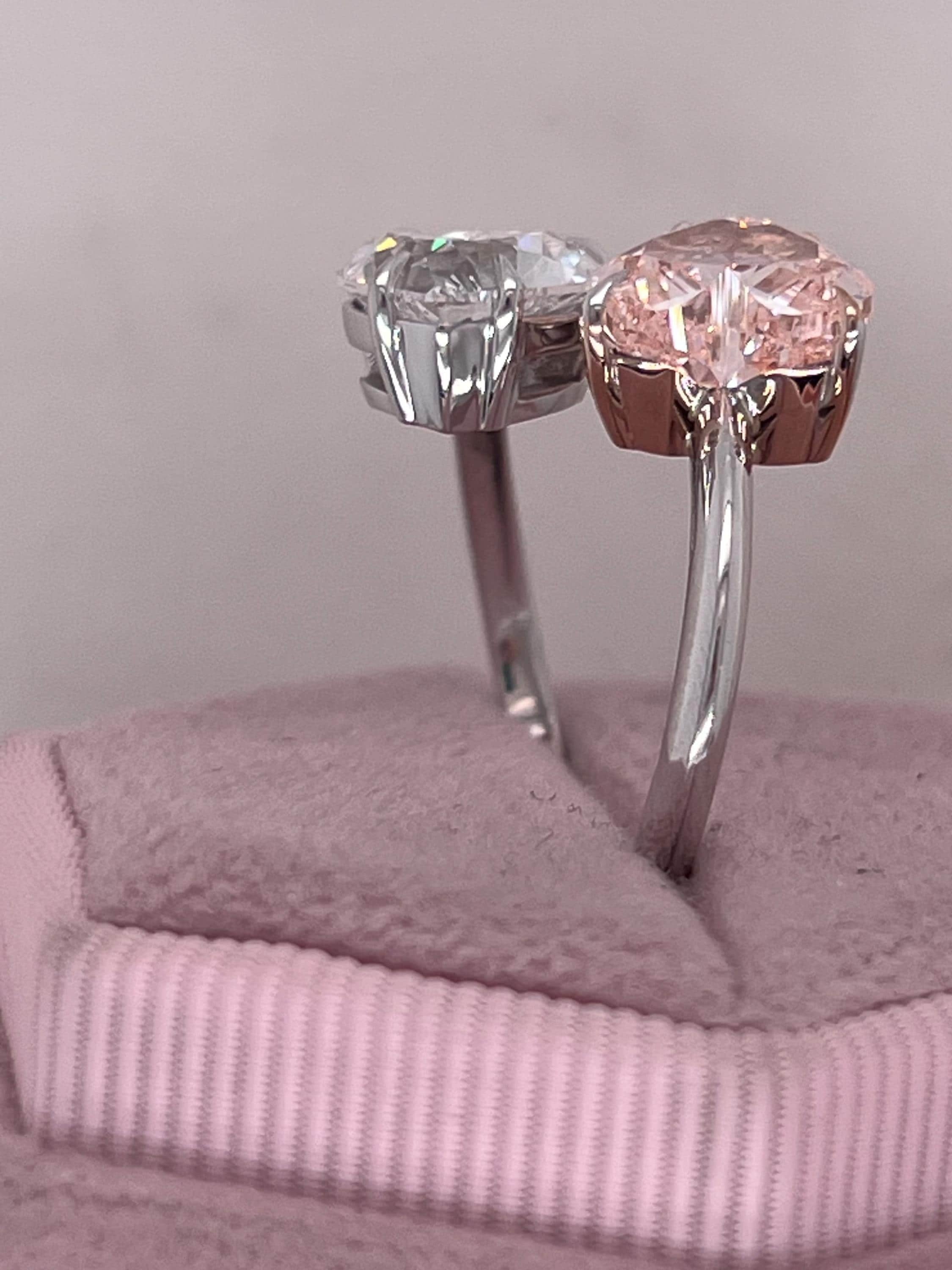 4.5 Carat Vivid Pink and D Color Heart Diamond Me & You Two Stone Ring Two Tone Toi et Moi Ring