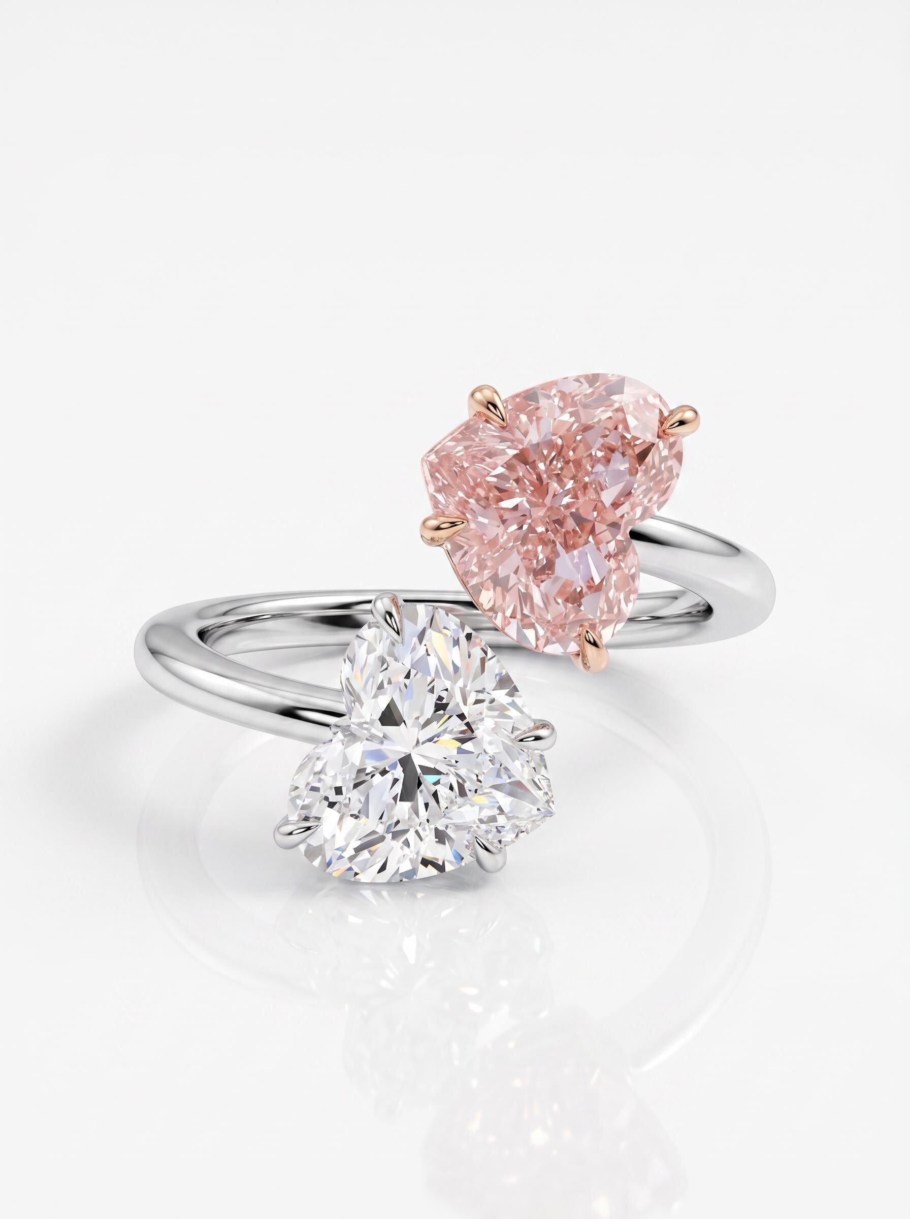4.5 Carat Vivid Pink and D Color Heart Diamond Me & You Two Stone Ring Two Tone Toi et Moi Ring