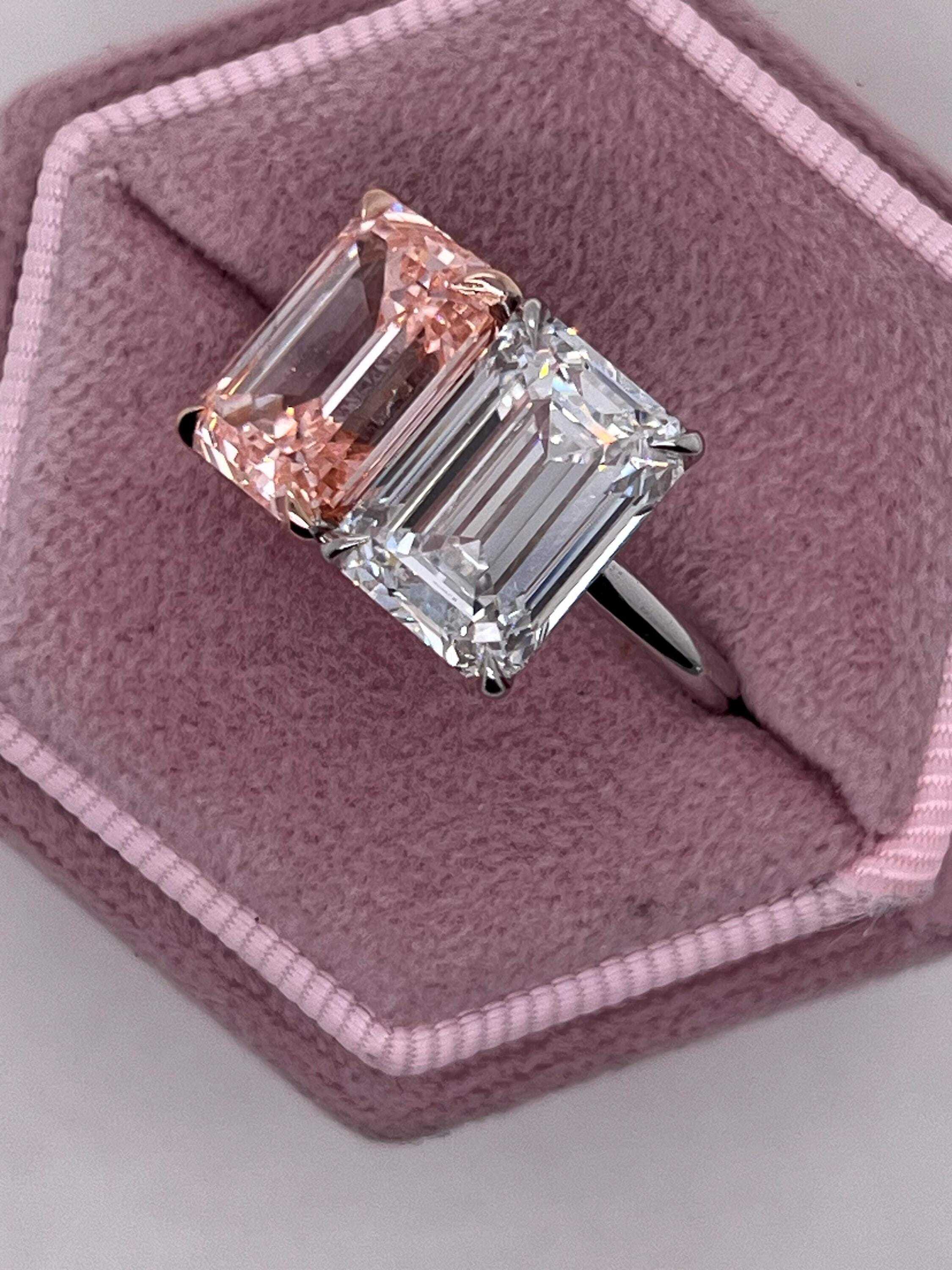 10 Carat Total Emerald Cut Vivid Pink and D Color Me & You Two Stone Diamond Ring