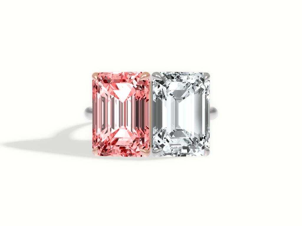 10 Carat Total Emerald Cut Vivid Pink and D Color Me & You Two Stone Diamond Ring