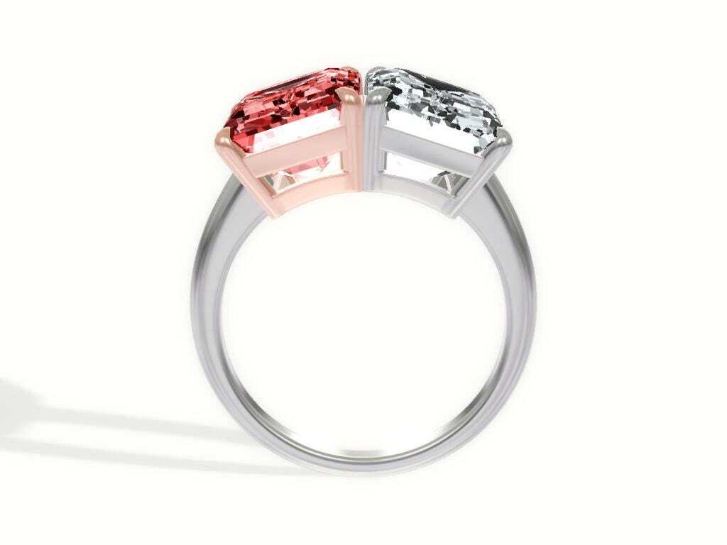 10 Carat Total Emerald Cut Vivid Pink and D Color Me & You Two Stone Diamond Ring