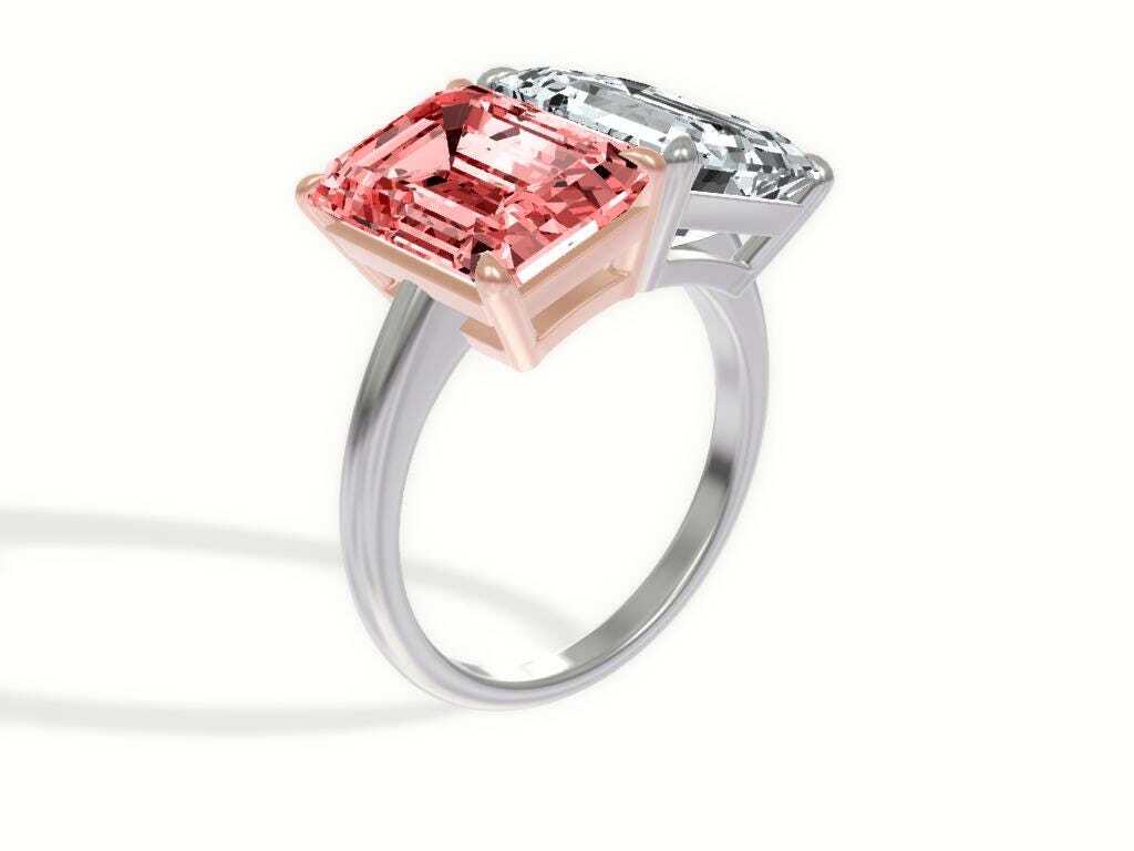 10 Carat Total Emerald Cut Vivid Pink and D Color Me & You Two Stone Diamond Ring